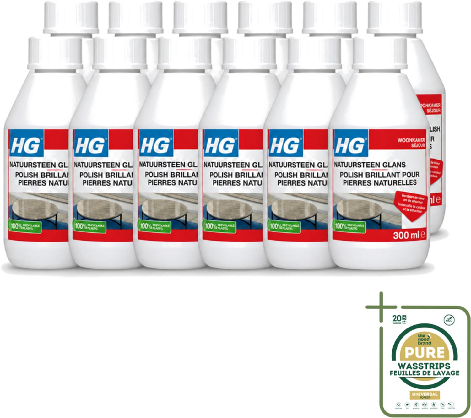 12 x HG - Natuursteen Glans Polish - Kleur & Structuur Verdiepend - 300 ml - Wasstrips - Natuursteen Polish - Glanspolish - Natuursteen Onderhoud - Steen Reinigen - Steen Beschermen