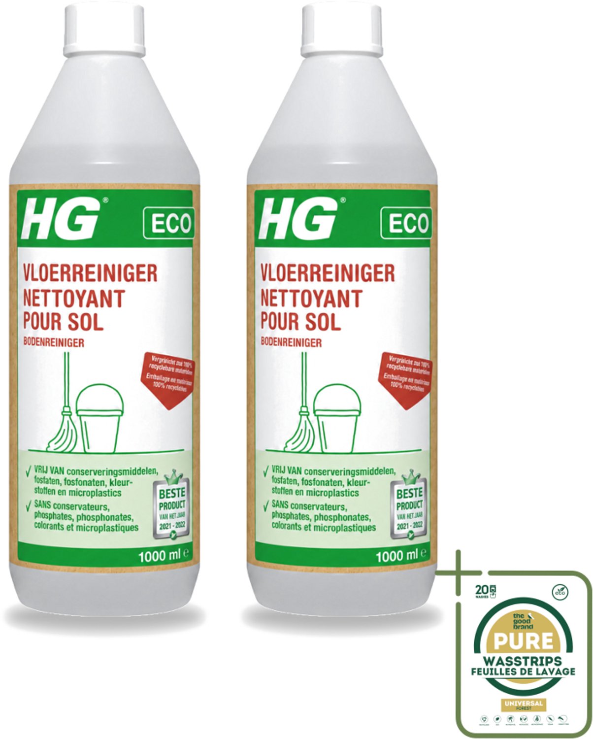 2 x HG - Eco Vloerreiniger - Milieuvriendelijke Reiniging - 1L - Wasstrips - Vloerreiniger - Milieuvriendelijke Reiniger - Hardvloer Reinigen - Schone Vloer - Streeploze Vloer