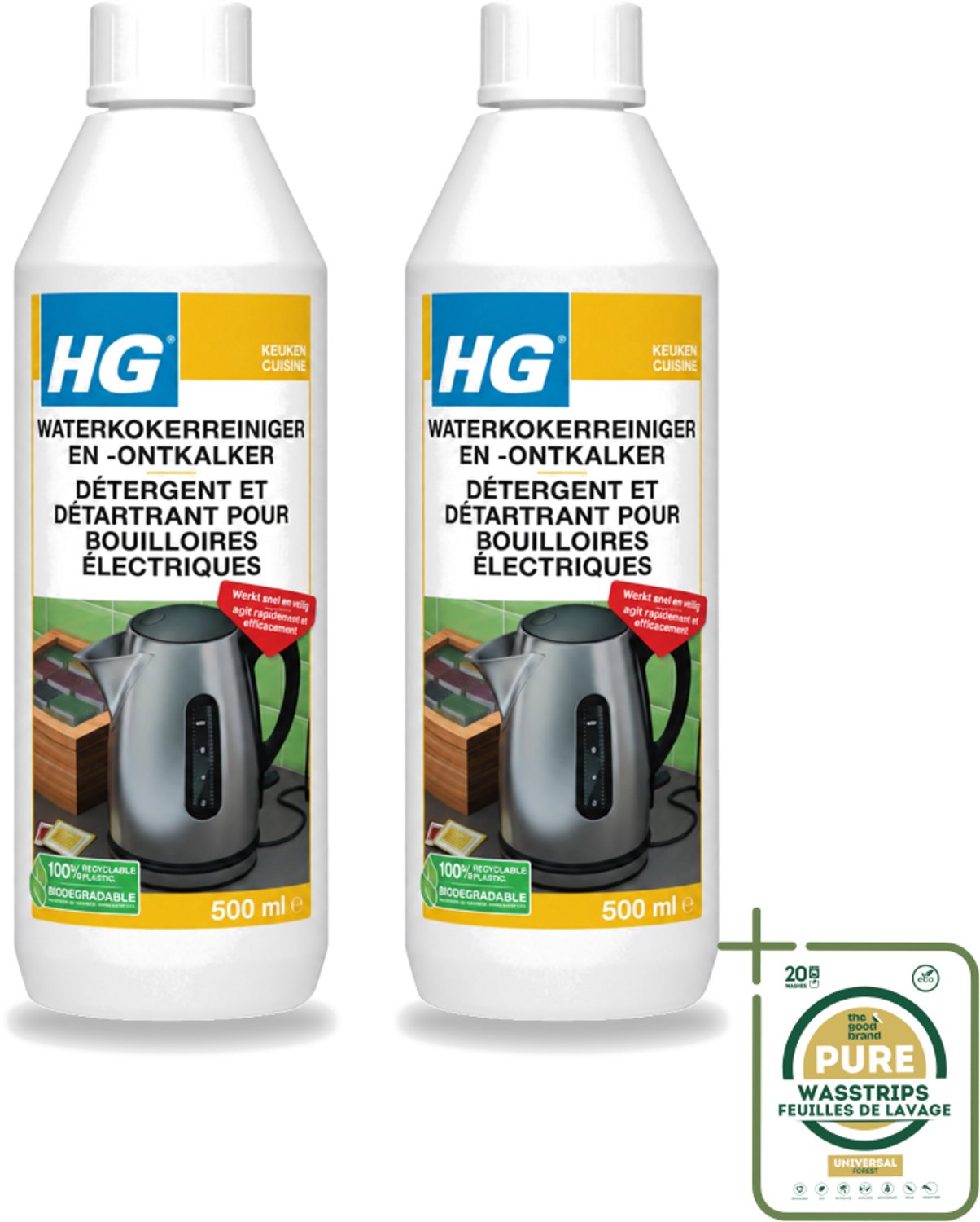 2 x HG - Waterkokerreiniger & Ontkalker - Snel & Veilig Resultaat - 500 ml - Wasstrips - Waterkoker Reinigen - Waterkoker Ontkalken - Kalkaanslag Verwijderen - Waterkoker Reinigingsmiddel - Waterkoker Ontstofverwijderen