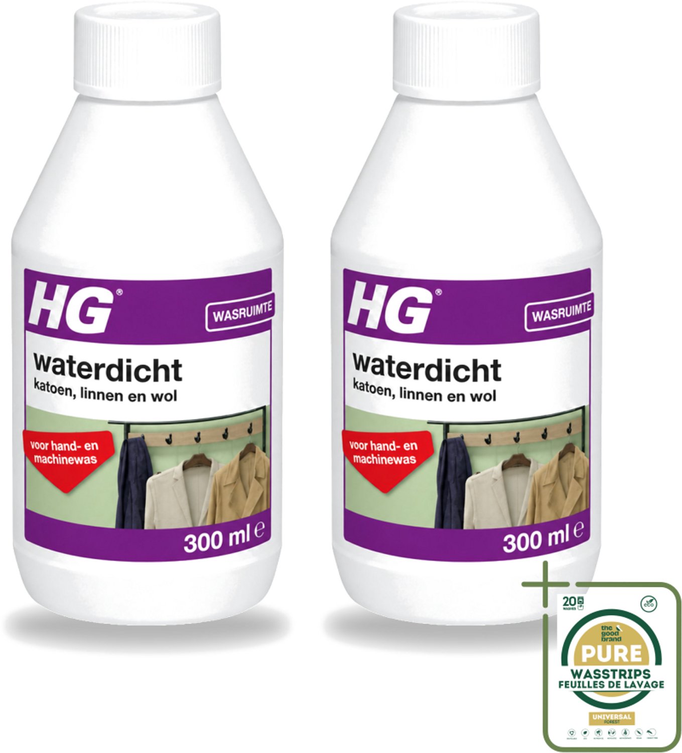 2 x HG - Wasruimte - Waterdicht Katoen, Linnen & Wol - Voor Hand & Machine Was - 300 ml - Wasstrips - Waterdicht Textiel - Vuilafstotend Textiel - Katoen Waterdicht - Linnen Waterdicht - Wol Waterdicht
