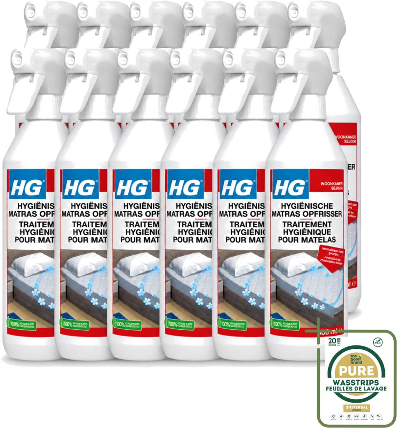 12 x HG - Hygiënische Matras Opfrisser - Werkt Na 30 Minuten - Neutraliseert Nare Geurtjes - 500 ml - Wasstrips - Matrasopfrisser - Hygiëne - Geur Verwijderen - Matras Reinigen - Enzymen