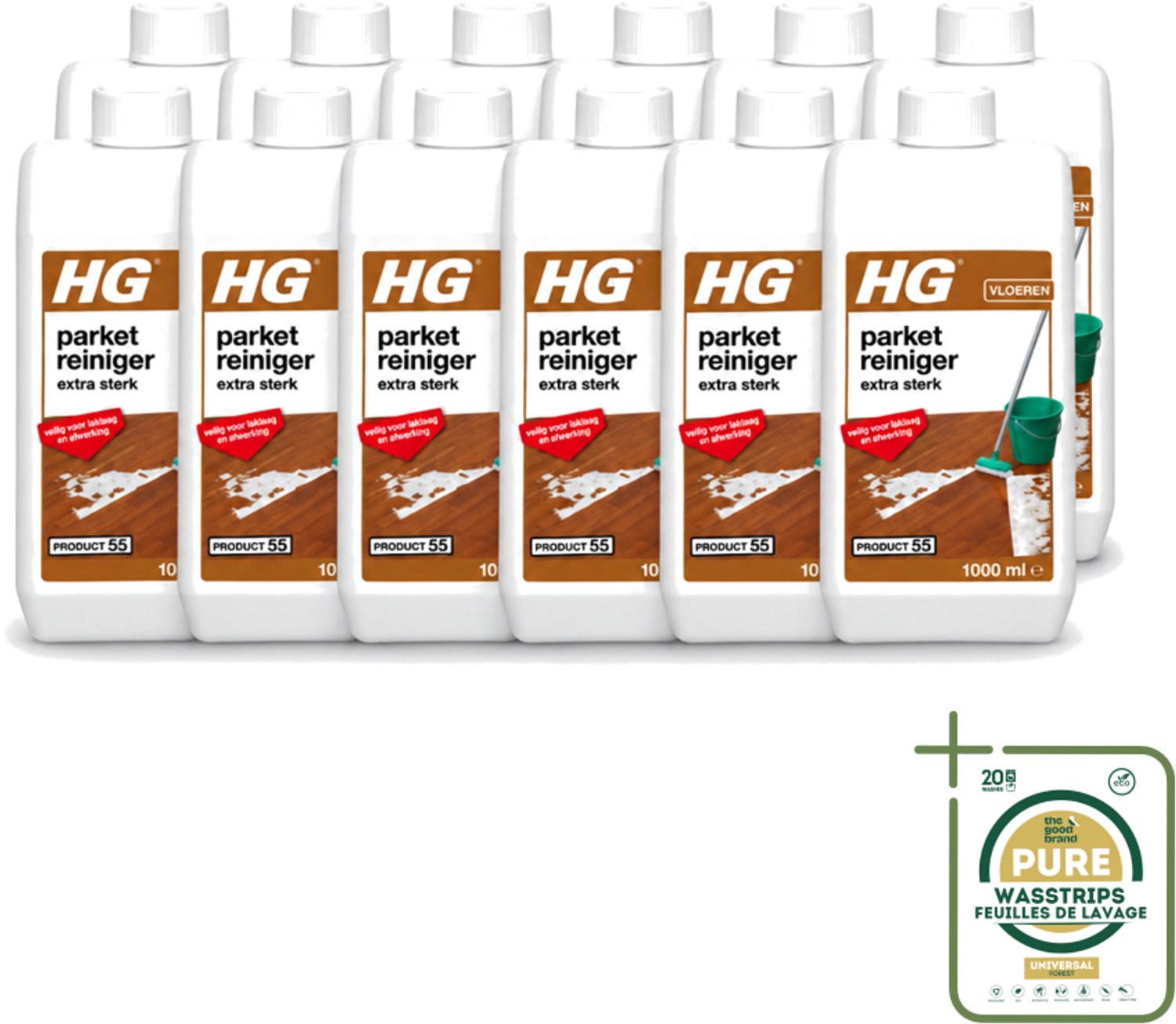 12 x HG - Parketreiniger - Extra Sterk - Veilig Voor Laklaag - 1L - Wasstrips - Parket Reinigen - Laklaag Reinigen - Hardnekkig Vuil Verwijderen - Parketvet Verwijderen - Parket Reiniger
