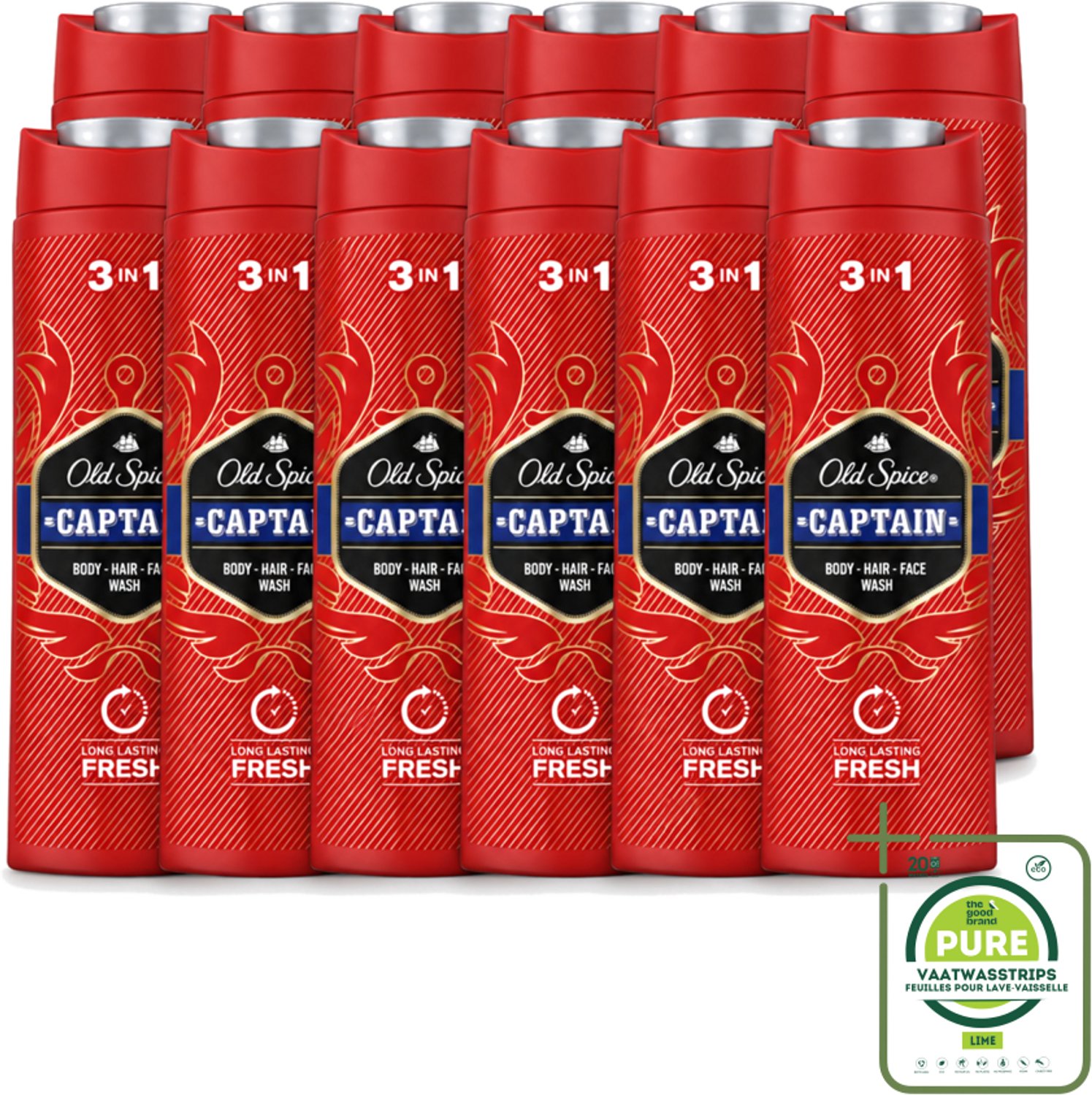 12 x Old Spice – Douchegel – Captain – 400 ml - Grootverpakking - Vaatwasstrips - Douchegel Voor Mannen - Gezichtsreiniging - Haarreiniging - Lichaamreiniging - Fris Geur