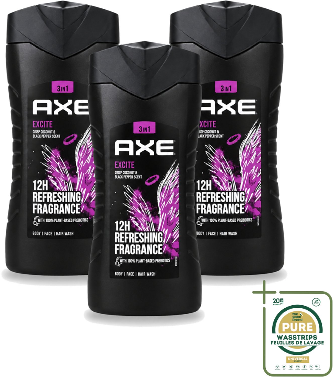 3 x AXE – Douchegel – Excite – 250 ml - Wasstrips - Douchegel - Frisheid - Geur - Mannelijke Geur - Axe Excite
