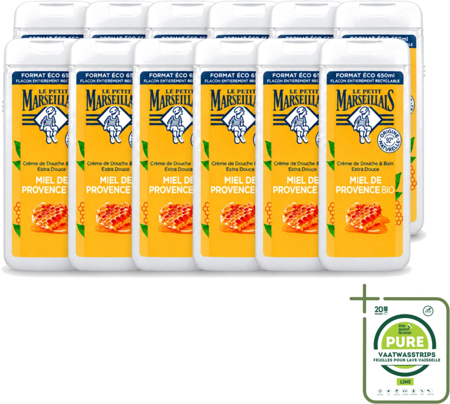 12 x Le Petit Marseillais – Douche & Bad – Honing – 650 ml - Grootverpakking - Vaatwasstrips - Douche En Bad - Honing - Huid Verzorging - Schuim - Zachte Huid