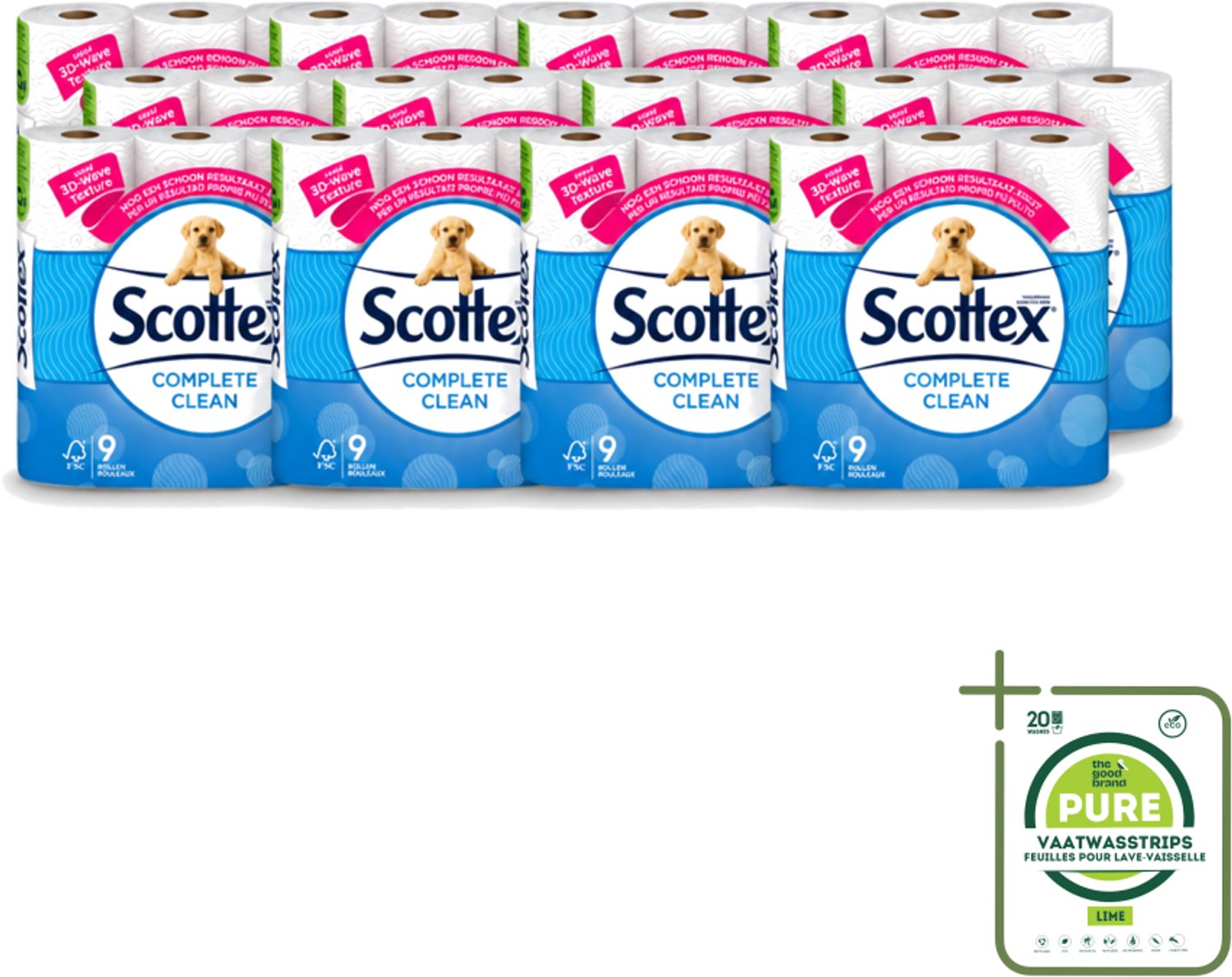 12 x Page Scottex – Toiletpapier – Complete Clean 2-laags – 9 rollen - Grootverpakking - Vaatwasstrips - Toiletpapier - Schone Reiniging - 3D Wave™ - Extra Zacht - 2-laags