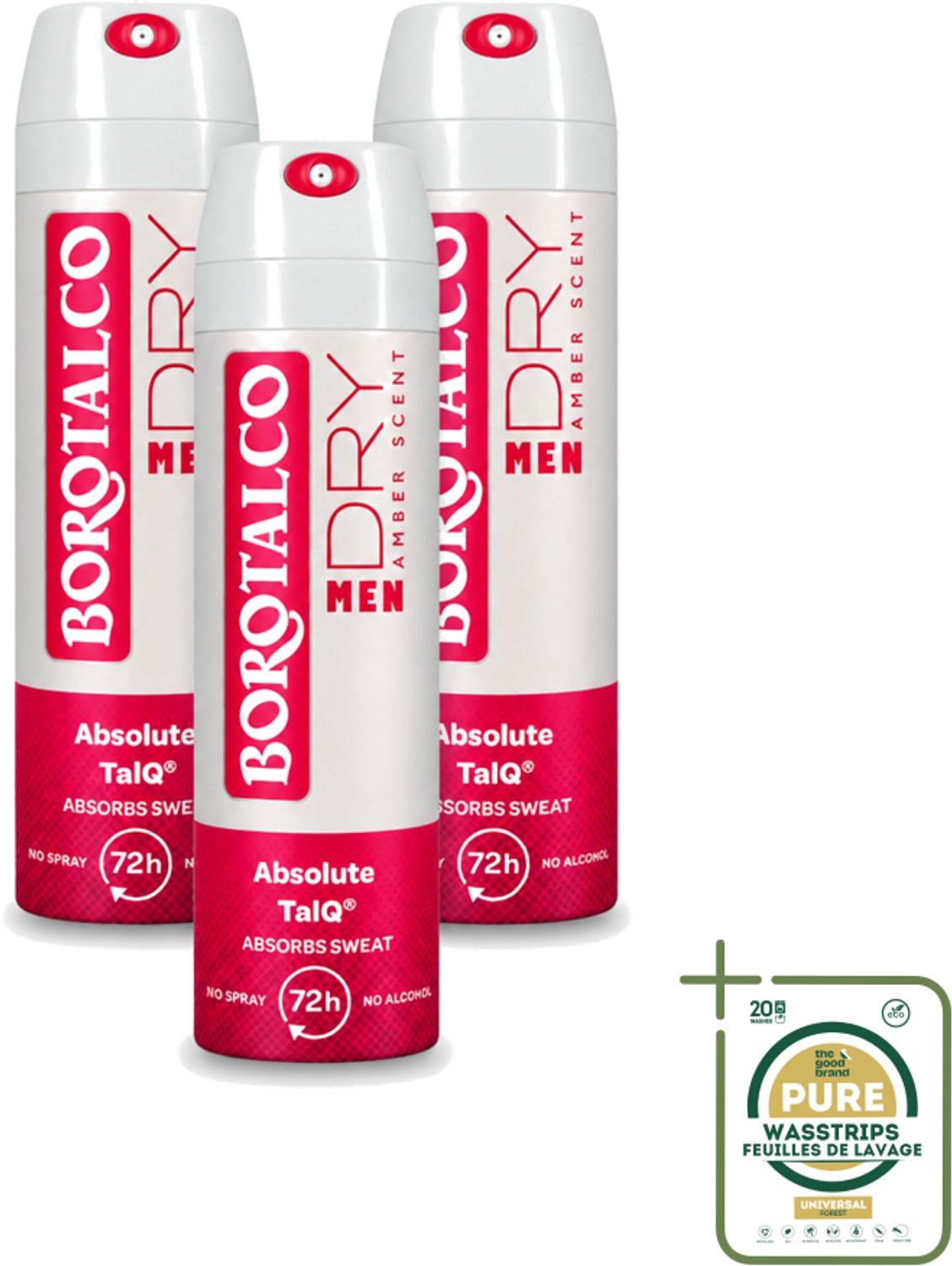 3 x Borotalco – Deodorant Spray – Men Amber Geur – 150 ml - Wasstrips - Deodorant Spray - Mannelijke Geur - Amber - Frisheid - Transpiratie