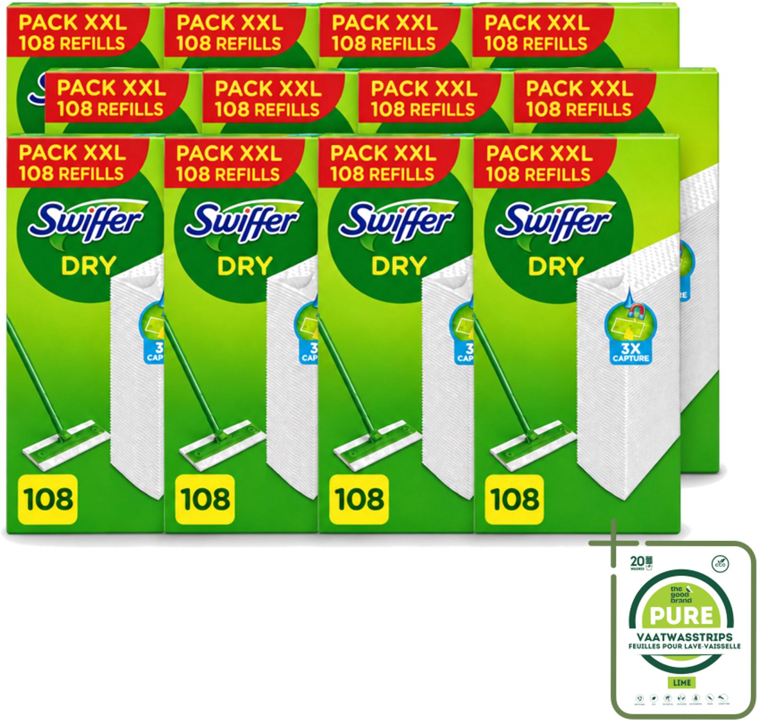 12 x Swiffer – Vloerdoekjes – Dry Navullingen – 108 doekjes - Grootverpakking - Vaatwasstrips - Vloerdoekjes - Schoonmaken - Stofzuigen - Haren Verwijderen - Droge Vloerdoekjes
