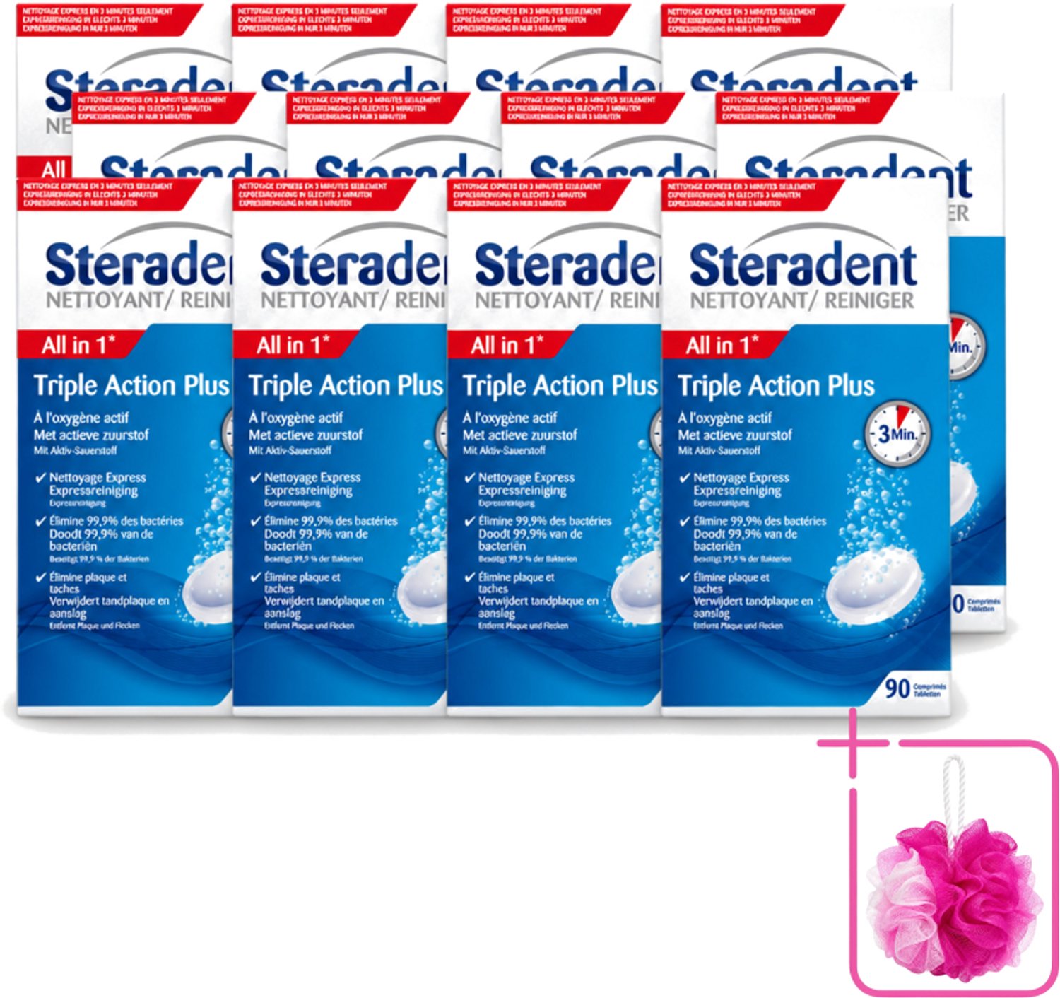 12 x Steradent - Kunstgebitreiniger - Tegen Tandplak En Aanslag - 90 Tabletten - Bulkverpakking - Kunstgebit reinigen - Douchemop - Tandplak verwijderen