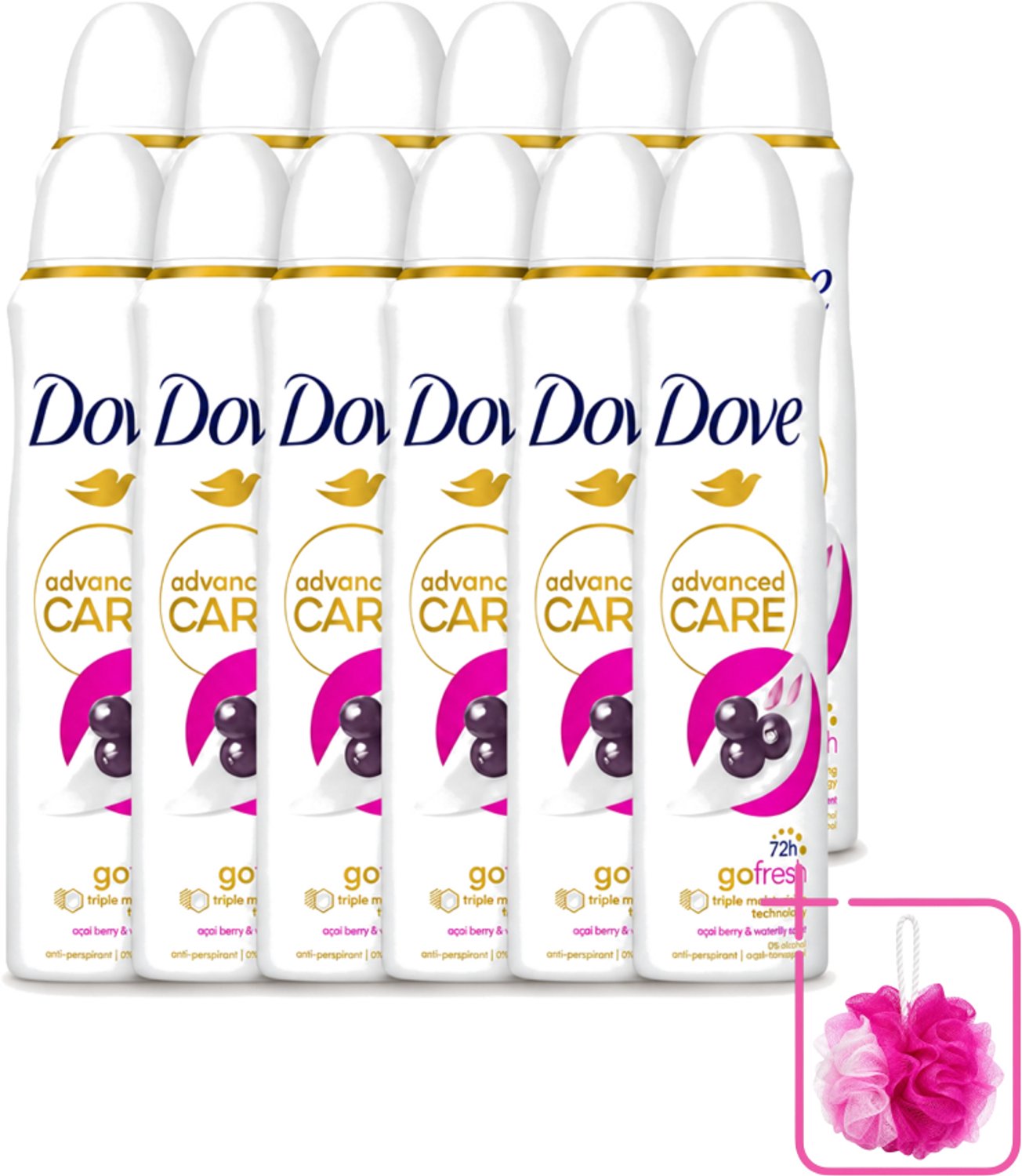 12 x Dove - Deospray - Acai Bes & Waterlelie - 150 ml - Bulkverpakking - Acai Bes & Waterlelie Deospray - Douchemop - Deospray oksels