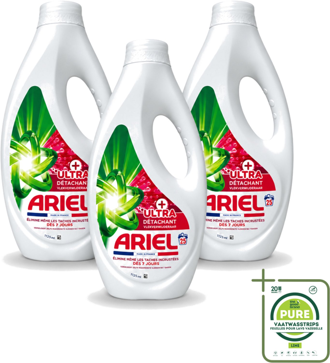 3 x Ariel – Vloeibaar Wasmiddel – Ultra Vlekverwijderaar – 1125 ml – 25 wasbeurten - Grootverpakking - Vaatwasstrips - Vlekverwijderaar - Wasmiddel - Vloeibaar Wasmiddel - Krachtige Vlekverwijdering - Ingedroogde Vlekken