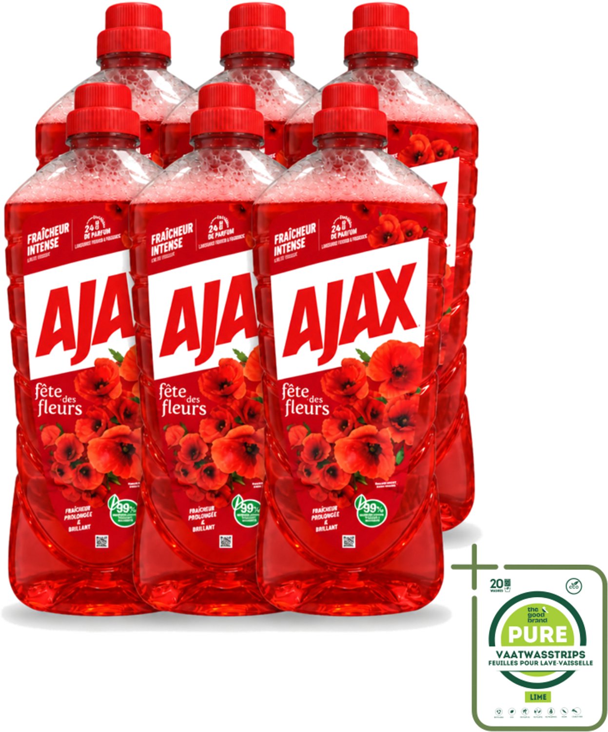 6 x Ajax – Allesreiniger – Rode Bloemen – 1,25 L - Grootverpakking - Vaatwasstrips - Allesreiniger Rode Bloemen - Reiniger 1.25 L - Bloemengeur Reiniger - Krachtige Reiniger - Huishoudelijke Reiniger