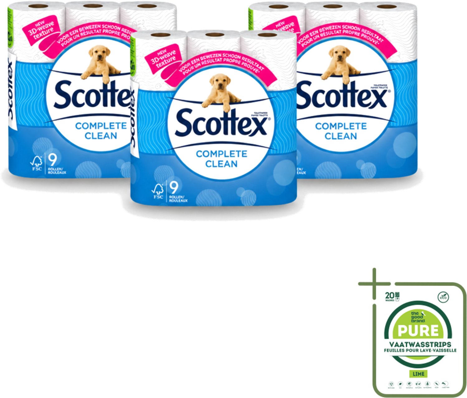 3 x Page Scottex – Toiletpapier – Complete Clean 2-laags – 9 rollen - Grootverpakking - Vaatwasstrips - Toiletpapier - Schone Reiniging - 3D Wave™ - Extra Zacht - 2-laags