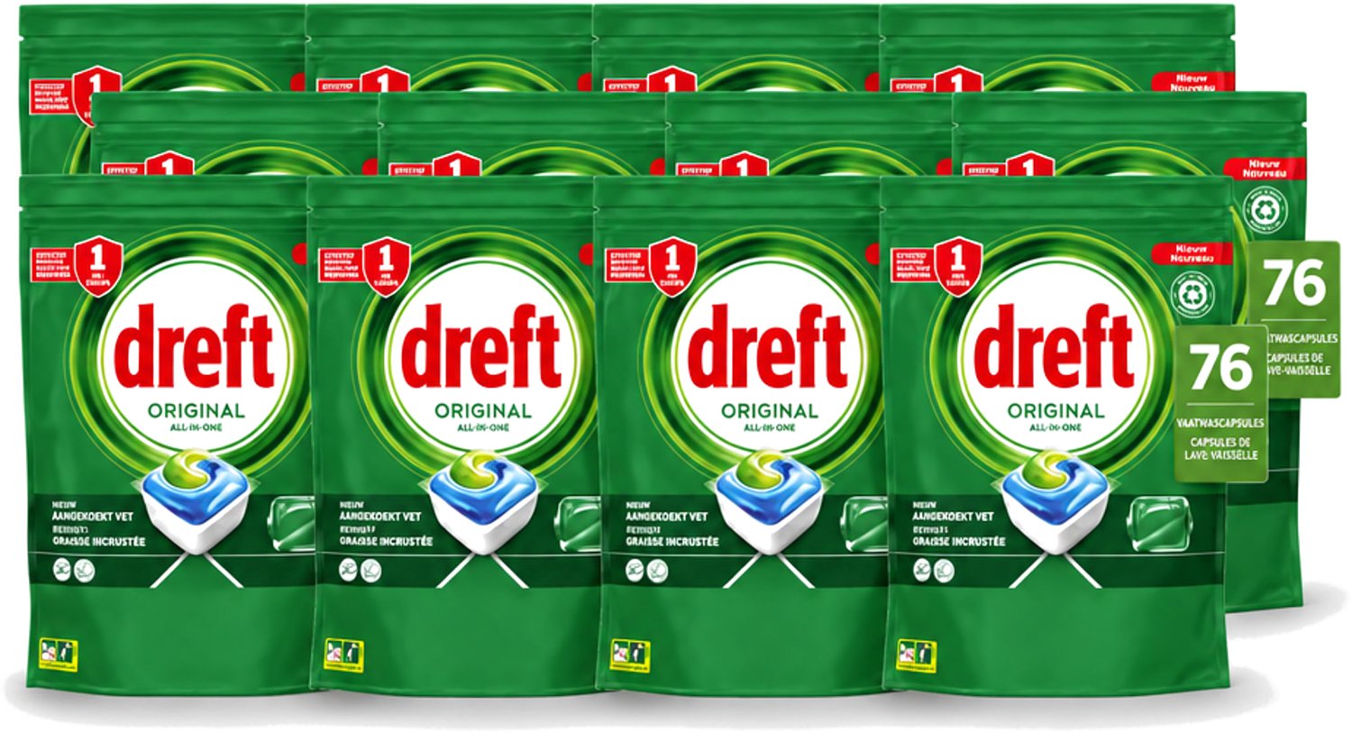 12 x Dreft – Vaatwascapsules – Original All-in-One – 76 Capsules - Voordeelverpakking - 12 stuks