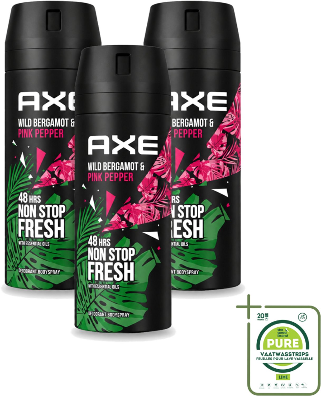3 x Axe - Deodorant Bodyspray - 48hrs Fresh - Wild Bergamot & Pink Pepper - 150 ml - Grootverpakking - Vaatwasstrips - 48 Uur Bescherming - Zweetbestendig - Geurbestendig - Bergamot - Roze Peper