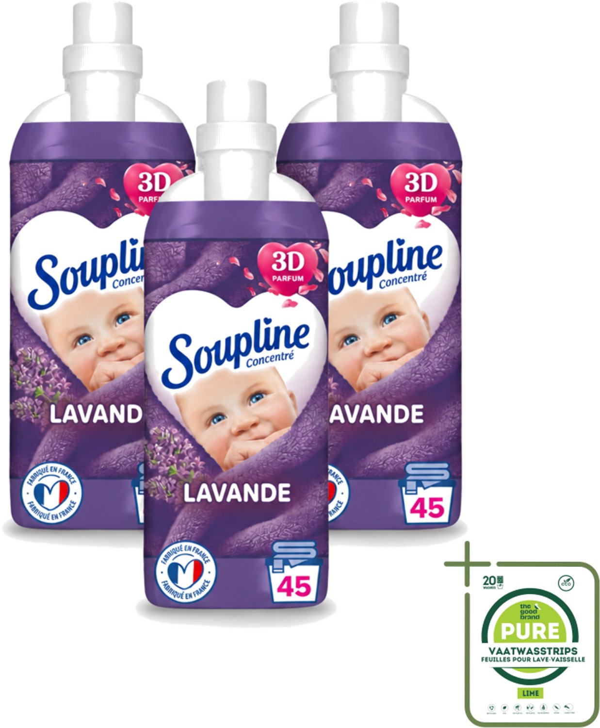 3 x Soupline - Wasverzachter - Lavendel - 45 Wasbeurten - 1L - Grootverpakking - Vaatwasstrips - Wasverzachter - Wasgoed Verzorgen - Wasresultaat - Wasmachine - Wasverzachter Lentebloesem