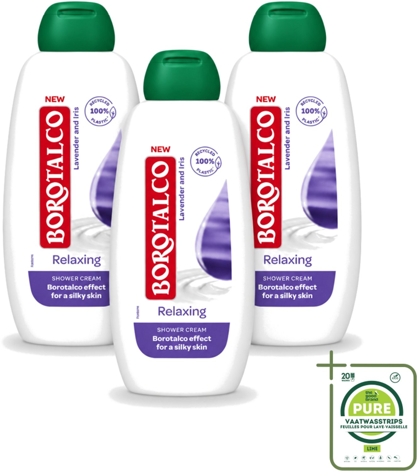 3 x Borotalco - Douchegel - Relaxing - Lavender & Iris - 250 ml - Grootverpakking - Vaatwasstrips - Douchegel - Ontspanning - Lavendel - Iris - Huidverzorging