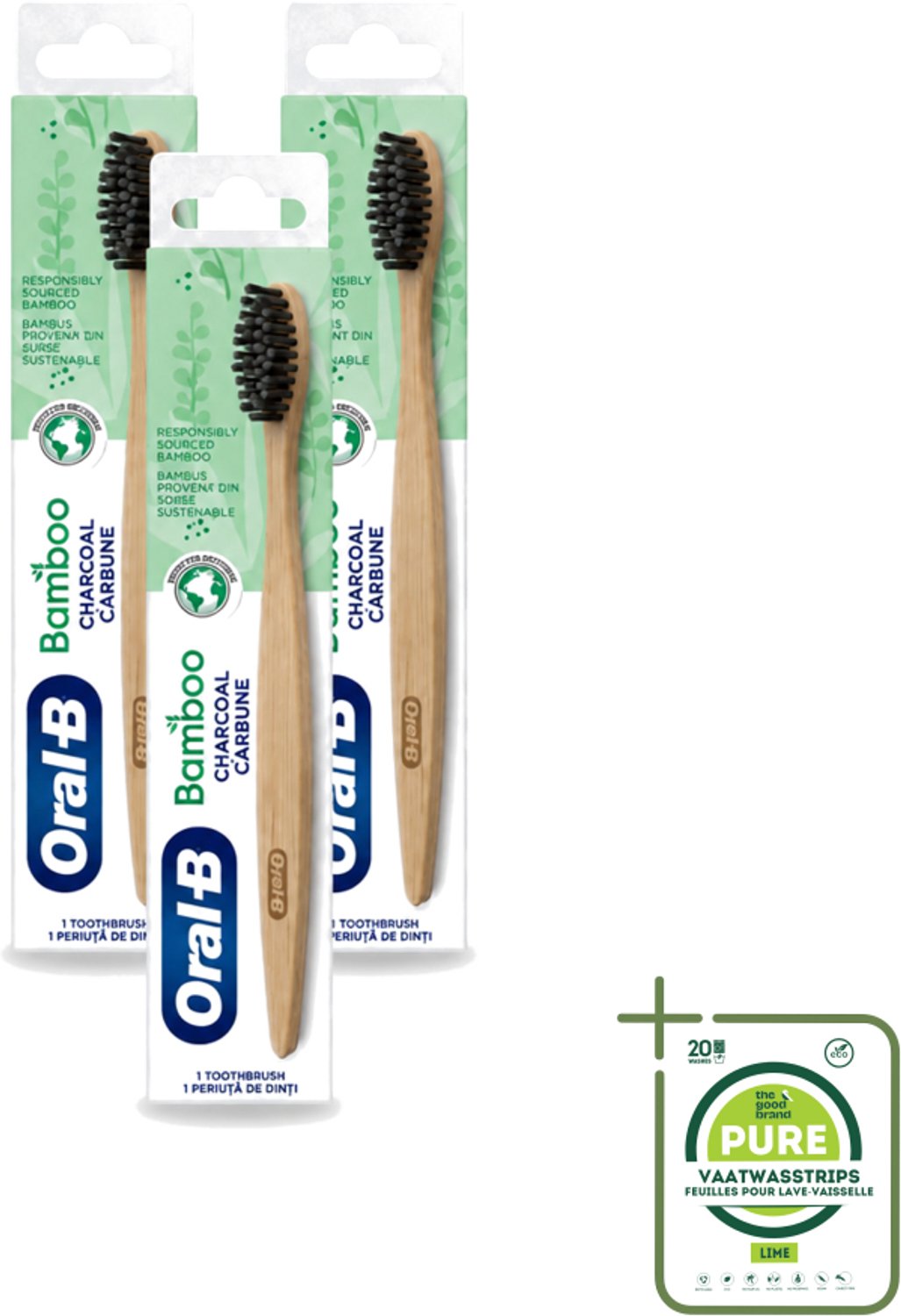 3 x Oral-B - Tandenborstel - Bamboe - Houtskool - 1 Tandenborstel - Grootverpakking - Tandenborstel Houtskool - Houtskool Borstelharen - Duurzame Tandenborstel - Veganistische Tandenborstel - Milieuvriendelijke Tandenborstel