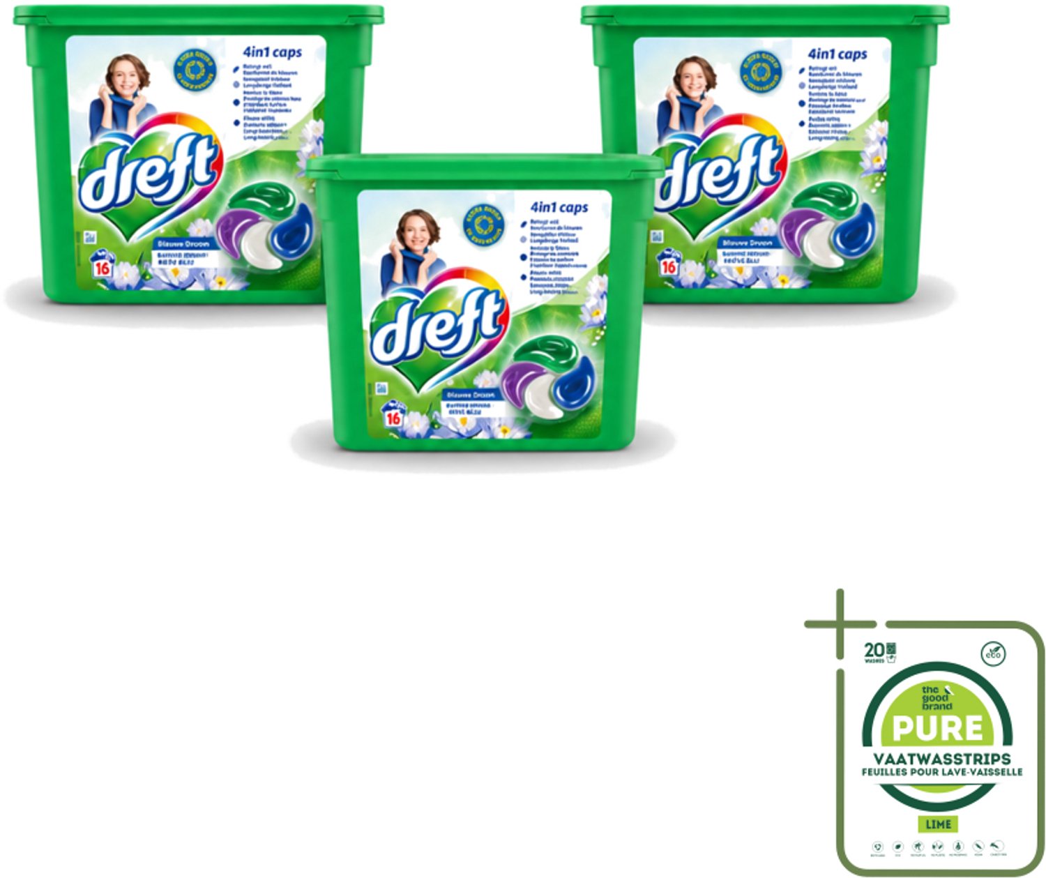 3 x Dreft - Wasmiddelcapsules 4in1 - Gekleurde Was - Blauwe Droom - 16 Wasbeurten - Grootverpakking - Vaatwasstrips - Wasmiddelcapsules - Blauwe Droom - Kleurbescherming - Frisheid - Wasgoed Reinigen