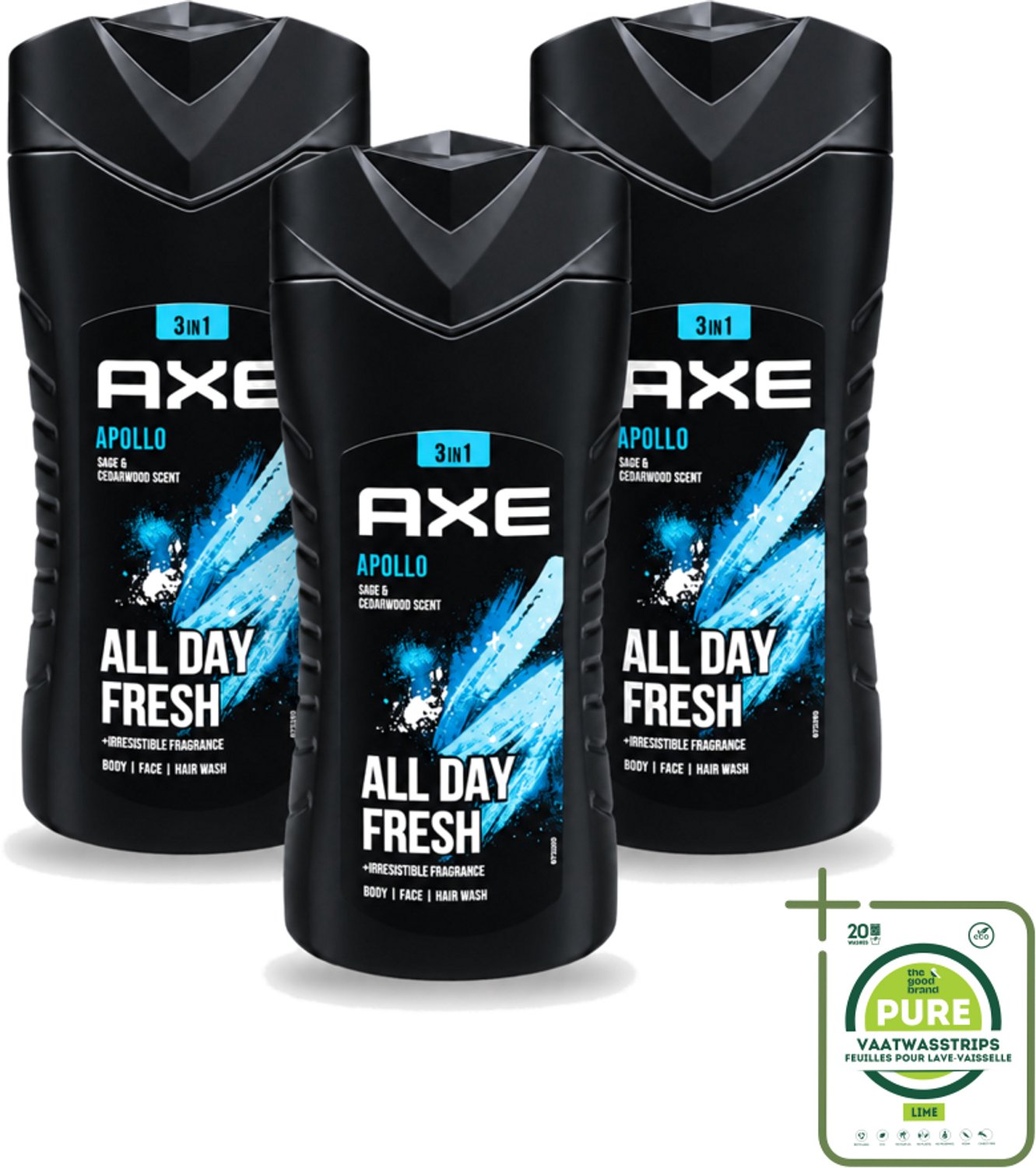 3 x Axe - 3-in-1 Douchegel - Apollo - Sage & Cedarwoord - All Day Fresh - 400 ml - Grootverpakking - Vaatwasstrips - Douchegel - Lichaam - Gezicht - Haar - Salie