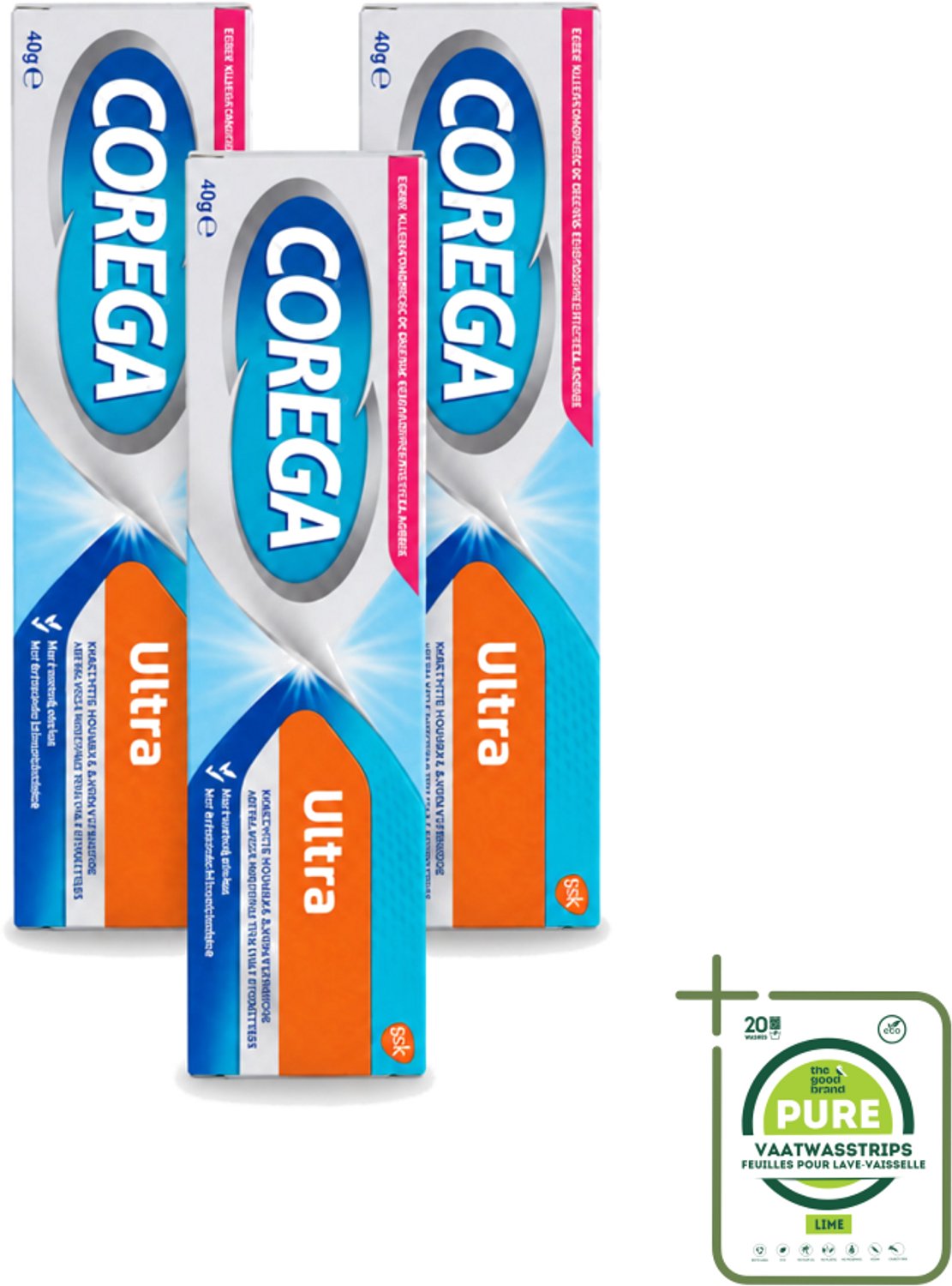 3 x Corega Ultra Kleefcrème - Krachtig Houvast & Bescherming - Met Verfrissende Mintsmaak - 40g - Grootverpakking - Vaatwasstrips - Gebitprothese Kleefcrème - Houvast Gebitsprothese - Prothese Fixatie - Prothese Crème - Mintsmaak Prothese