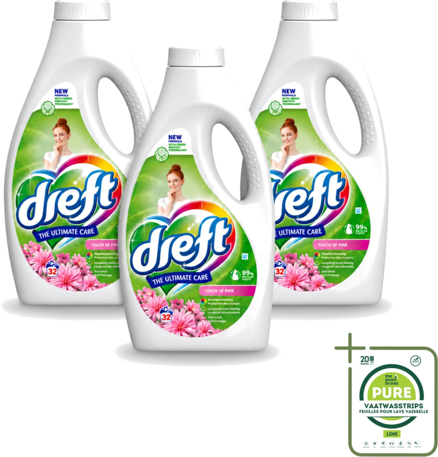 3 x Dreft - Ultimate Care - Vloeibaar Wasmiddel - Gekleurde Was - Een Vleugje Roze - 32 Wasbeurten - Grootverpakking - Vaatwasstrips - Wasmiddel - Wasgoed Reinigen - Kleur Behouden - Frisse Geur - Vezel Beschermen