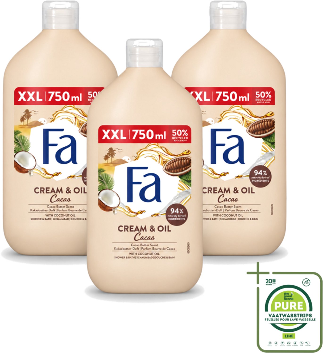 3 x Fa - Cream & Oil Cacao - Bad- & Douchegel - Cacaoboter Met Kokosolie - 750 ml - Grootverpakking - Vaatwasstrips - Bad En Douche Gel - Cacaoboter - Kokosolie - Huid Verzorging - Hydraterende Gel