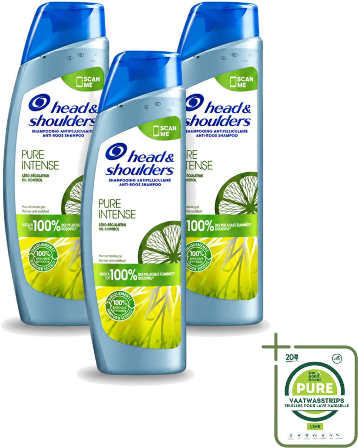 3 x Head & Shoulders - Anti-Roos Shampoo - Pure Intense - Oil Control - 250 ml - Grootverpakking - Vaatwasstrips - Roosvrij Haar - Oliecontrole - Schone Hoofdhuid - Vet Haar - Anti-roos Shampoo