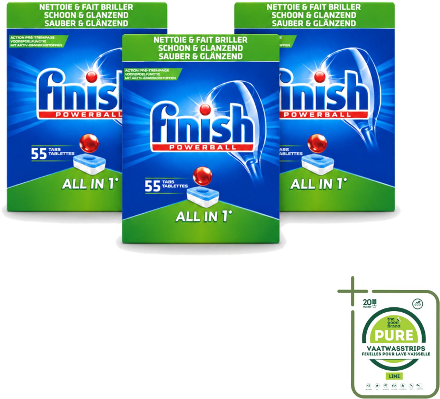 3 x Finish Powerball - All in 1 - Vaatwastabletten - Schoon & Glans - 55 Tabletten - Grootverpakking - Vaatwasstrips - Vaatwasmiddel - Vaatwastablet - Vaat Reinigen - Glans Behouden - Vaat Reinigen Zonder Voor Spoelen
