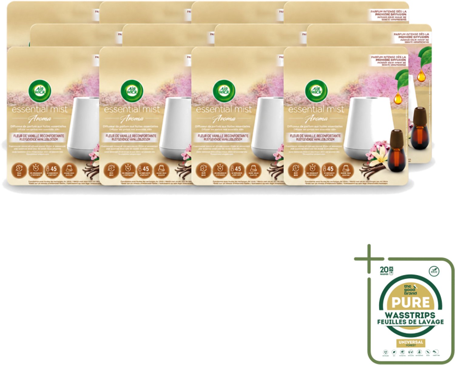 12 x Air Wick Essential Mist - Elektrische Geurverspreider - Starterkit - Rustgevende Vanillebloesem - 20ml - Wasstrips - Geurverspreider - Vanillebloesem - Rustgevende Geur - Essentiële Oliën - Warme Geur