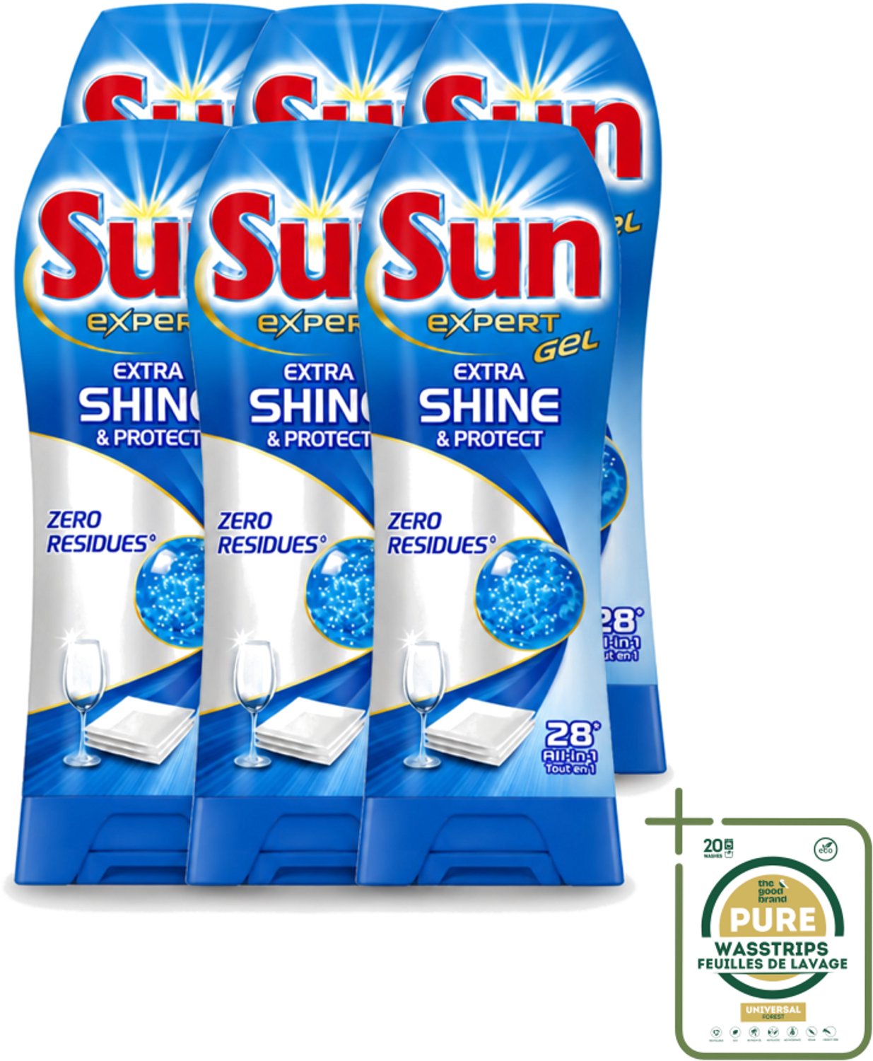 6 x Sun Expert Gel - Extra Shine & Protect - All-in-1 - Vaatwasmiddel Gel - 28 Wasbeurten - Wasstrips - Vaatwasgel - Vaatwas - Vaatwasbeurt - Vaatwasmiddel - Stralende Vaat
