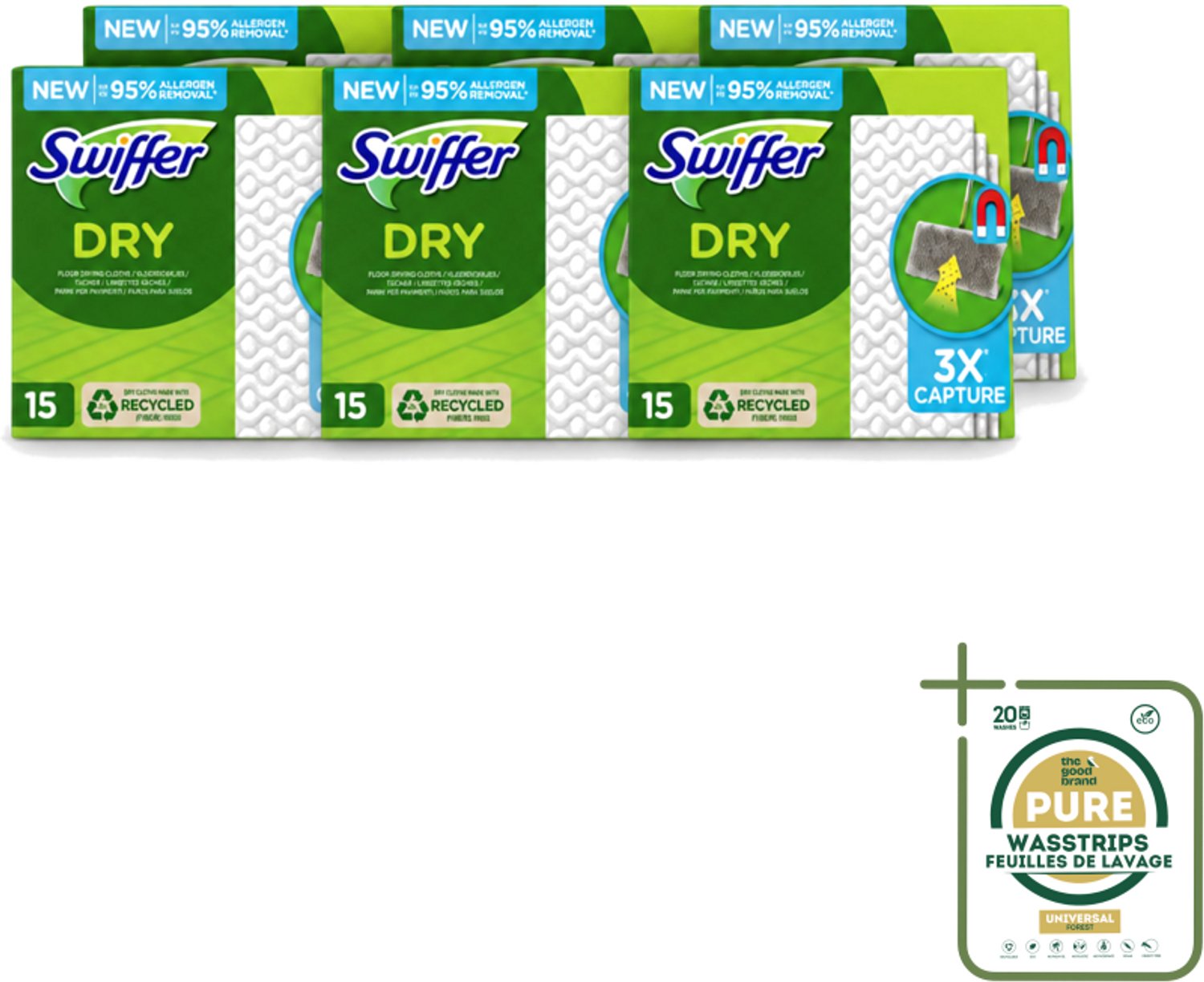 6 x Swiffer Dry - Vloerdoekjes - Navulling - Gerecyclede Fibers - 15 Doekjes - Wasstrips - Stofwisdoekjes - Stof Opnemen - Stof Verwijderen - Schoonmaken - Vloer Reinigen