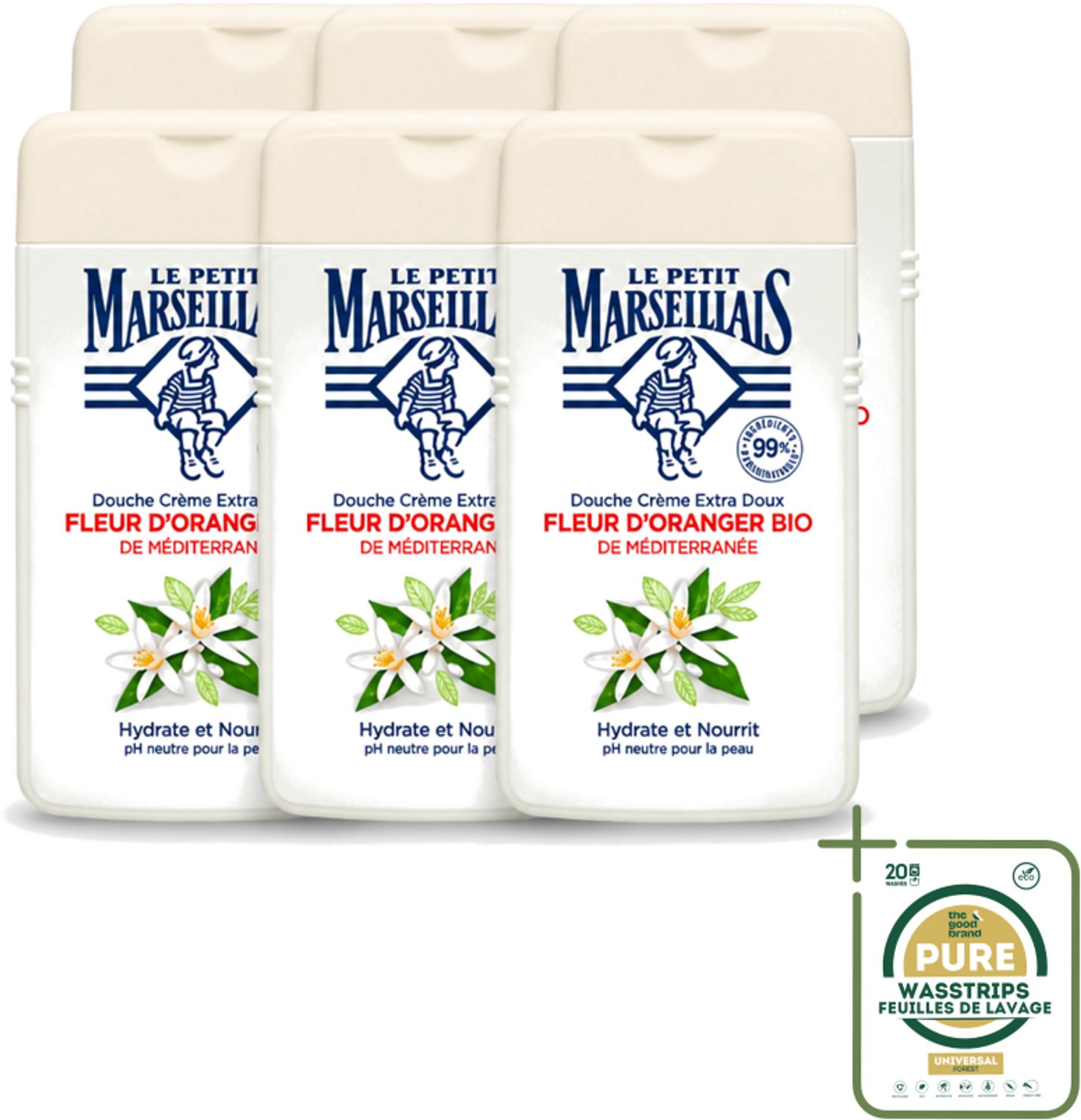 6 x Le Petit Marseillais - Douchecrème - Oranjebloesem - Hydraterend - 250ml - Wasstrips - Douchecrème - Hydraterende Douchecrème - Oranjebloesem - Huidverzorging - Milieuvriendelijke Douchecrème