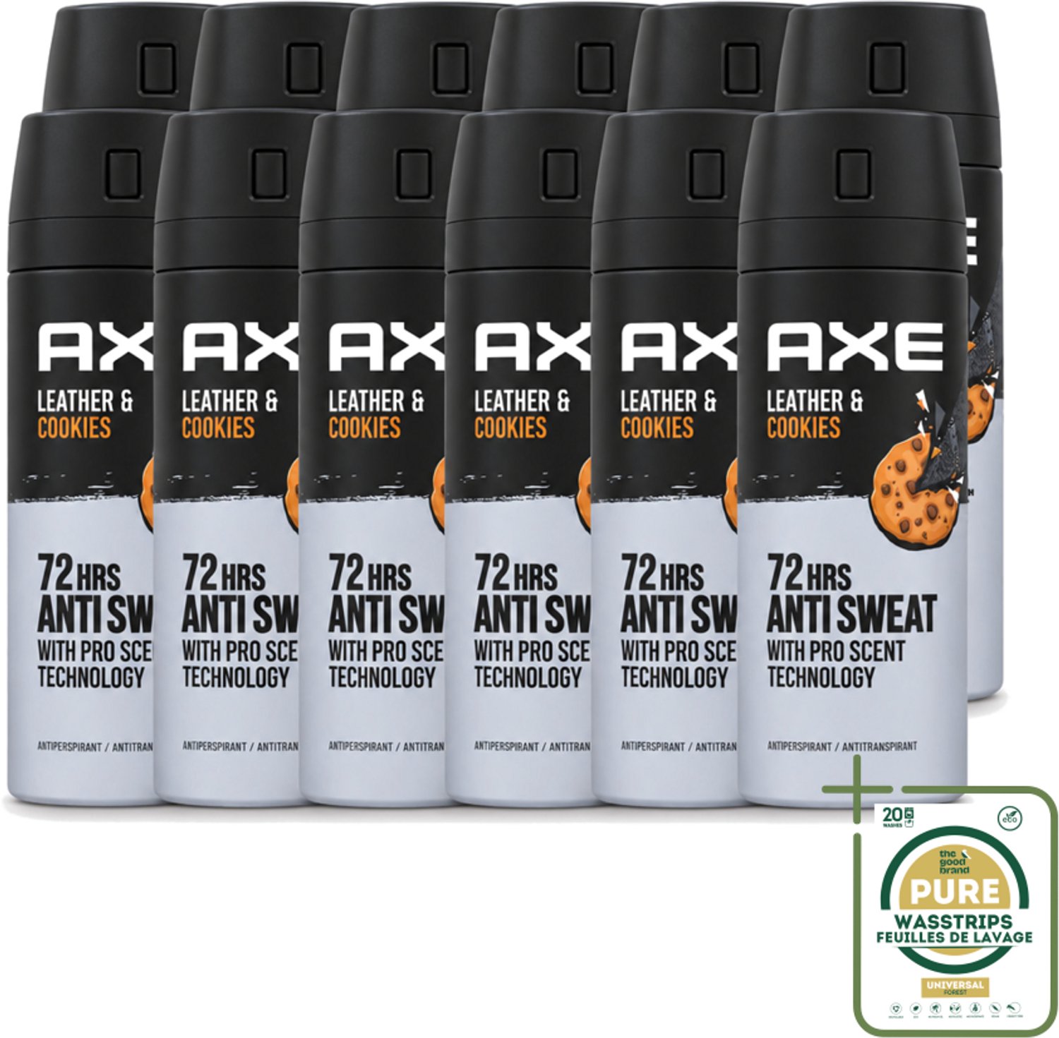 12 x Axe - Deodorant Spray - 72hrs Anti Sweat - Leather & Cookies - 150 ml - Wasstrips - 72 Uur Anti Zweet - Deodorant Spray - Zweetbestendig - Leer En Koekjes Geur - Langdurige Frisheid