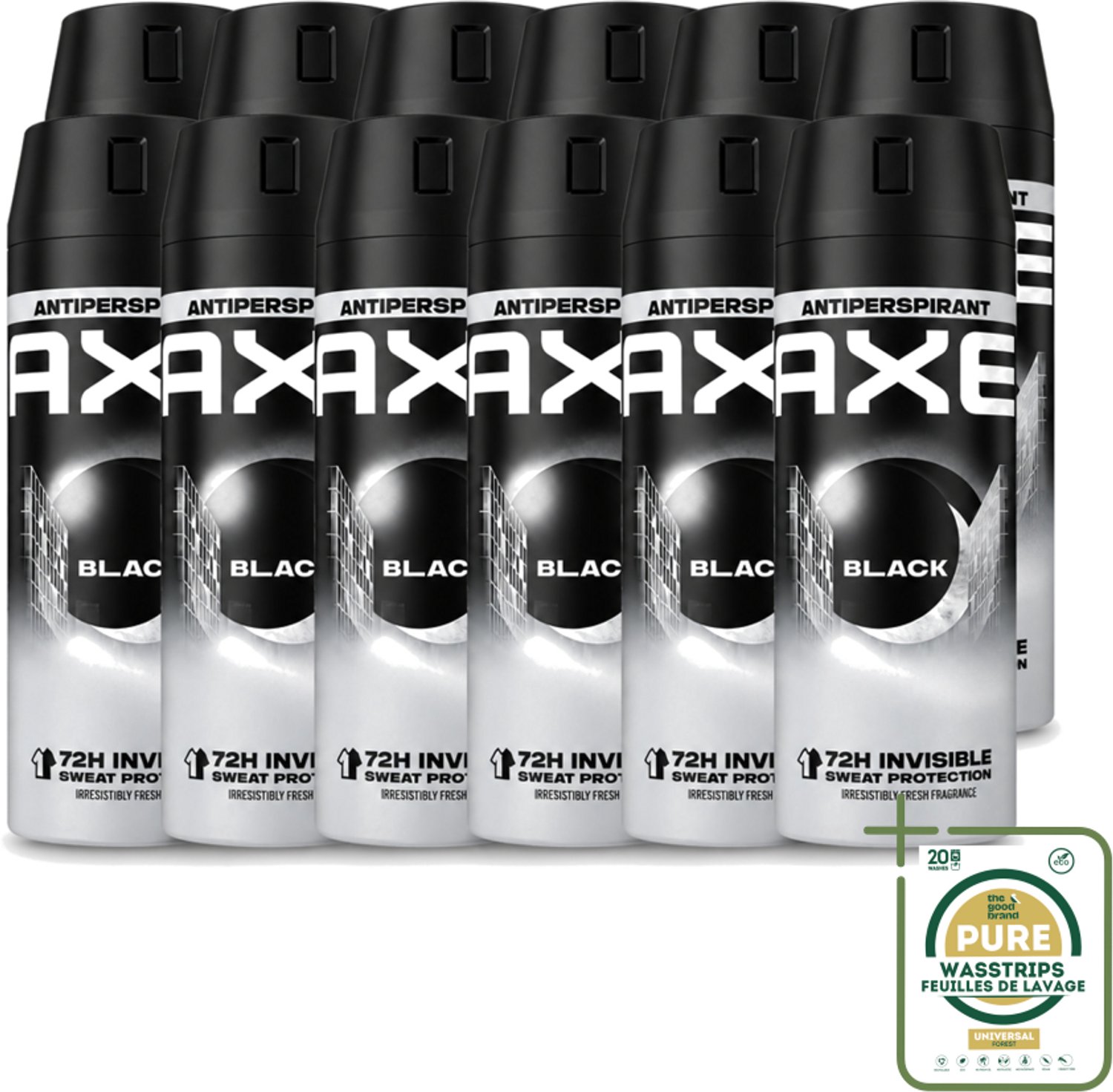 12 x Axe - Deodorant Spray - 72hrs Anti Sweat - Black - 150 ml - Wasstrips - Anti Transpirant Spray - Zweet Bescherming - 72 Uur Bescherming - Citroen Geur - Munt Geur