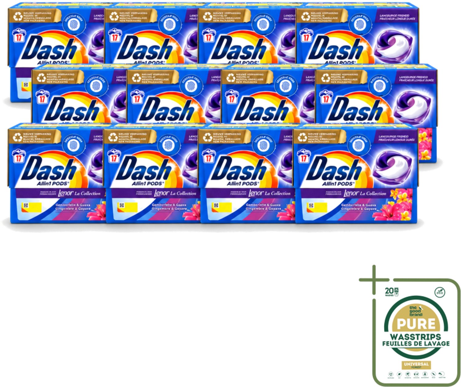 12 x Dash - Lenor Collectie - Wasmiddel Capsules - All-in-1 Pods - Witte en Gekleurde Was - Gemberlelie & Guava - 17 Wasbeurten - Wasstrips - Wasmiddel Capsules - Wasmiddel Pod - Wasmiddel Wit - Wasmiddel Gekleurd - Wasmiddel Frisheid