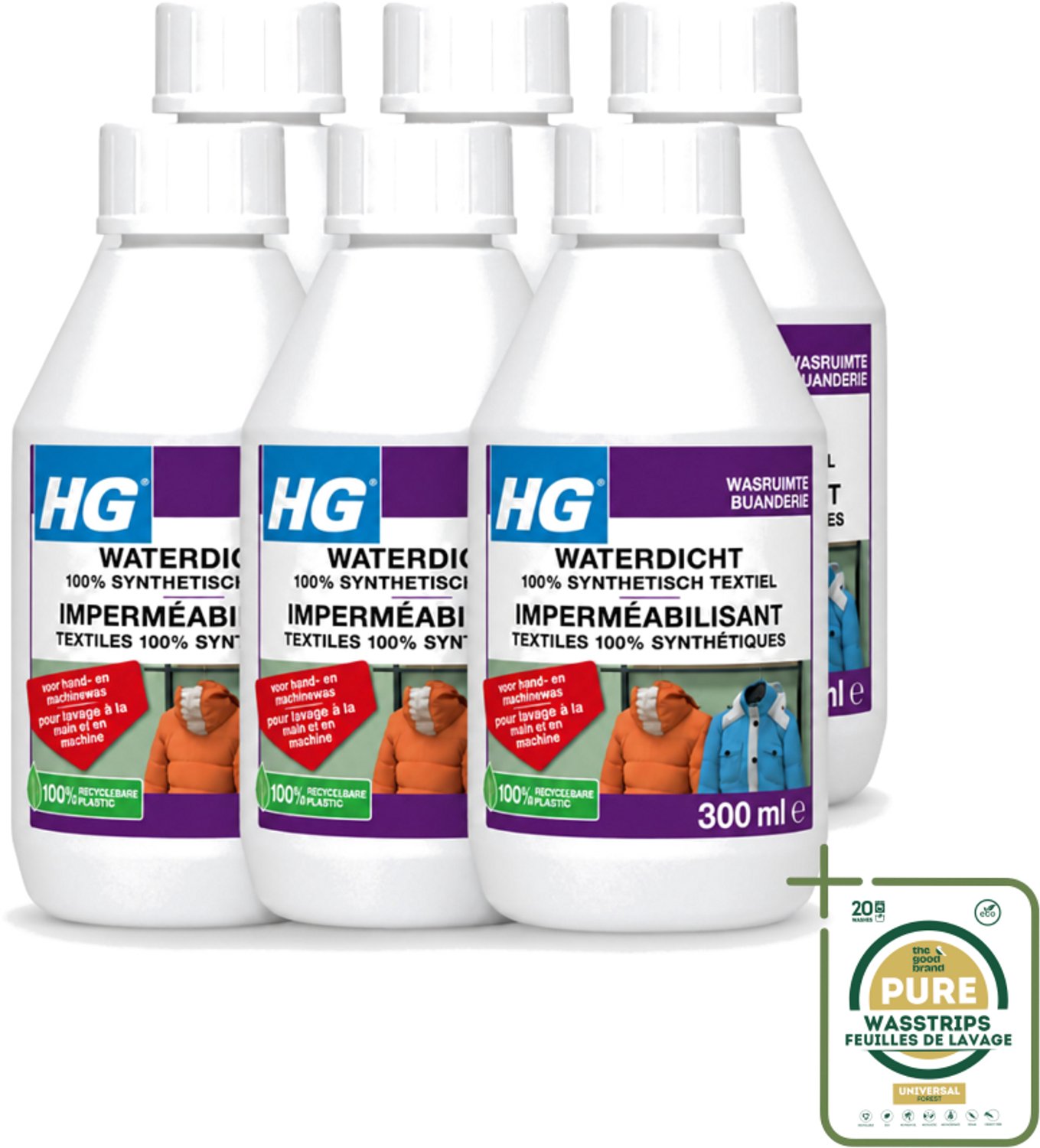 6 x HG - Wasruimte - Waterdicht 100% Synthetisch Textiel - Voor Hand & Machine Was - 300 ml - Wasstrips - Waterdicht Textiel - Vuilafstotend Textiel - Synthetisch Textiel Behandelen - Regenkleding Waterdicht Maken - Ski Kleding Waterdicht