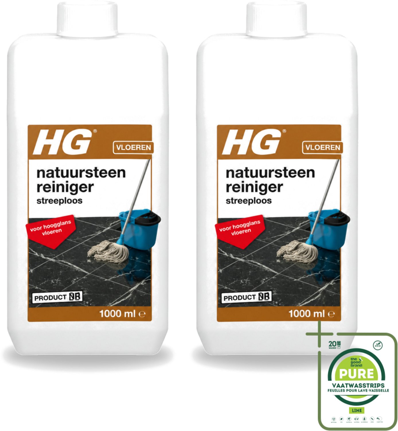 2 x HG - Natuursteenreiniger Streeploos - Voor Hoogglans Vloeren - 20 Dweilbeurten - 1L - Grootverpakking - Vaatwasstrips - Natuursteen Reinigen - Hoogglans Vloeren Reinigen - Streeploze Reiniger - Natuursteen Vloer Reinigen - Marmer Reinigen