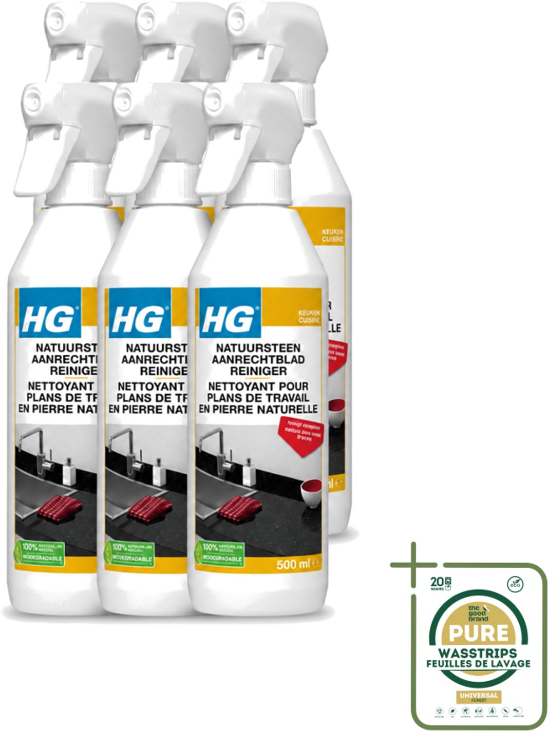 6 x HG - Natuursteen Aanrechtblad Reiniger - Reinigt Streeploos - 500 ml - Natuursteen Aanrechtblad Reinigen - Natuursteen Reinigen - Graniet Reinigen - Marmer Reinigen - Hardsteen Reinigen