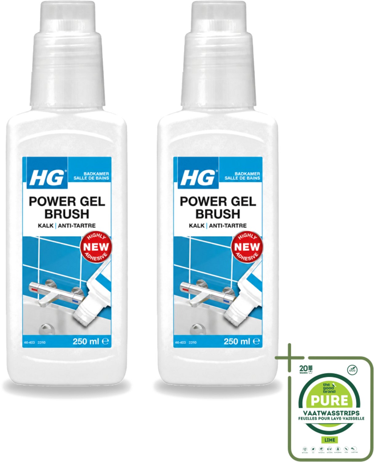 2 x HG - Badkamer - Power Gel Brush - Kalk - Agressief - 250 ml - Grootverpakking - Vaatwasstrips - Kalk Verwijderen - Badkamer Schoonmaken - Kalk Oplossen - Douchewand Reinigen - Kraan Reinigen