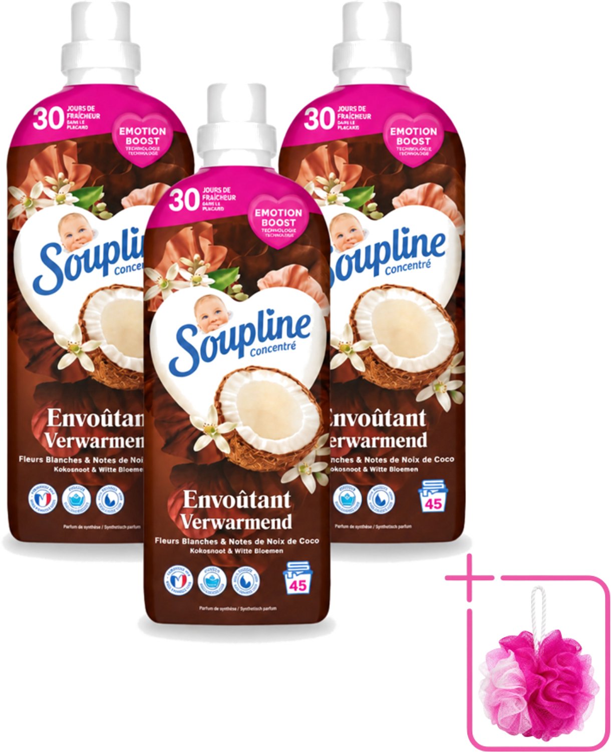 3 x Soupline – Wasverzachter – Verwarmende Kokosnoot & Witte Bloemen – 950 ml - Bulkverpakking - Wasverzachter - Douchemop - Kokosnoot