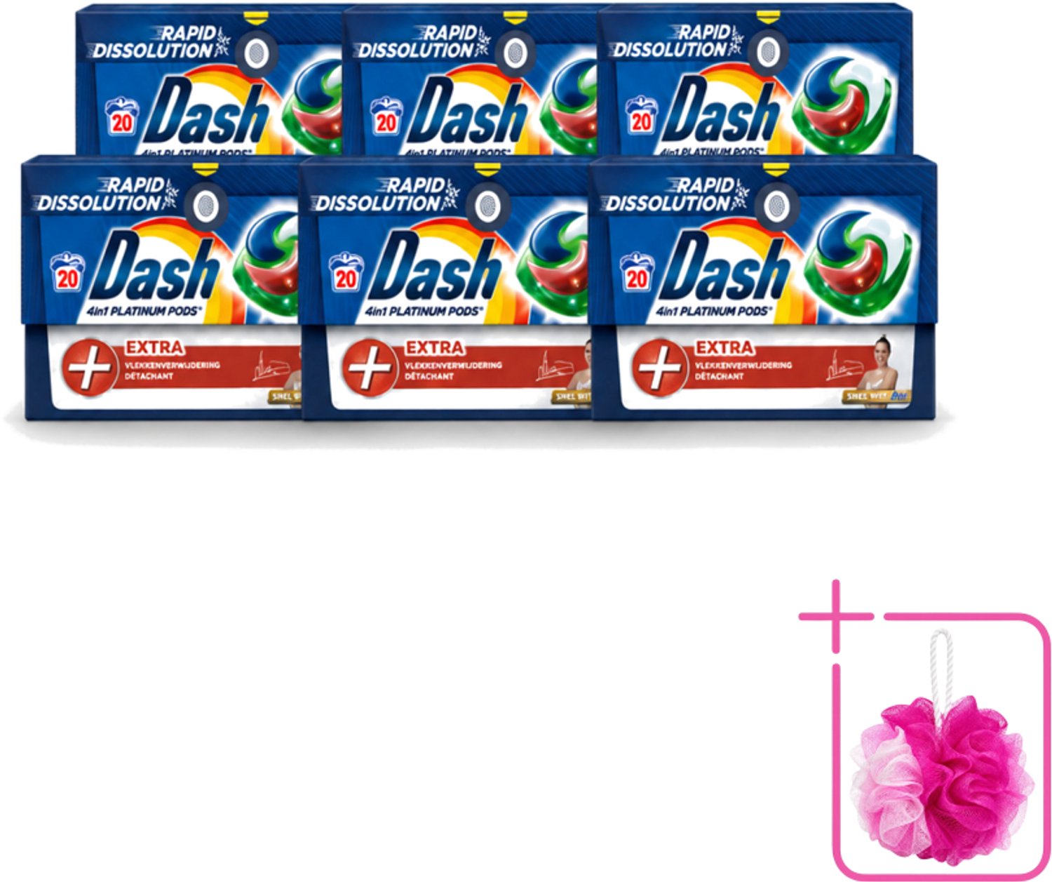 6 x Dash – Wasmiddel Pods 4-in-1 Platinum – Extra Vlekkenverwijdering – 20 Capsules - Bulkverpakking - Wasmiddelcapsules - Douchemop - Krachtige wasmiddel