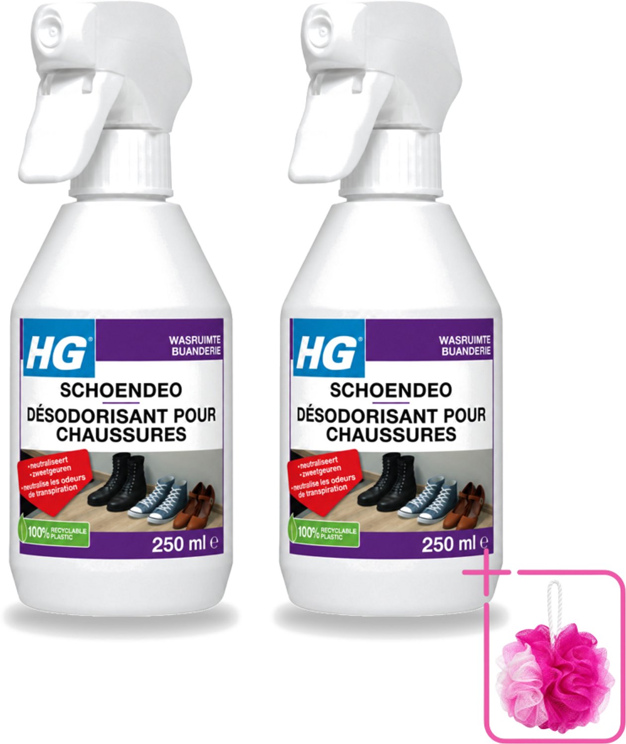2 x HG - Schoendeo - Neutraliseert Zweetgeuren - Gemakkelijk in Gebruik - 250 ml - Bulkverpakking - Schoenen geur - Douchemop - Transpiratiegeur