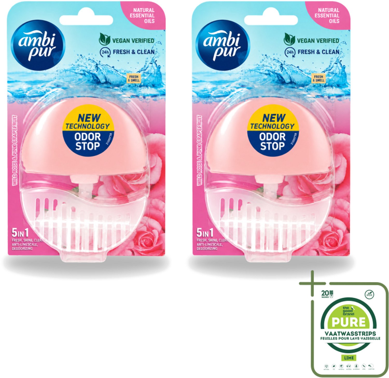 2 x Ambi Pur - Toiletblok - 5in1- Wilde Roos & Roze Grapefruit - 1 Blok - Grootverpakking - Vaatwasstrips - Toilet - Toiletblok - Frisheid - Super Shine - Anti-kalk