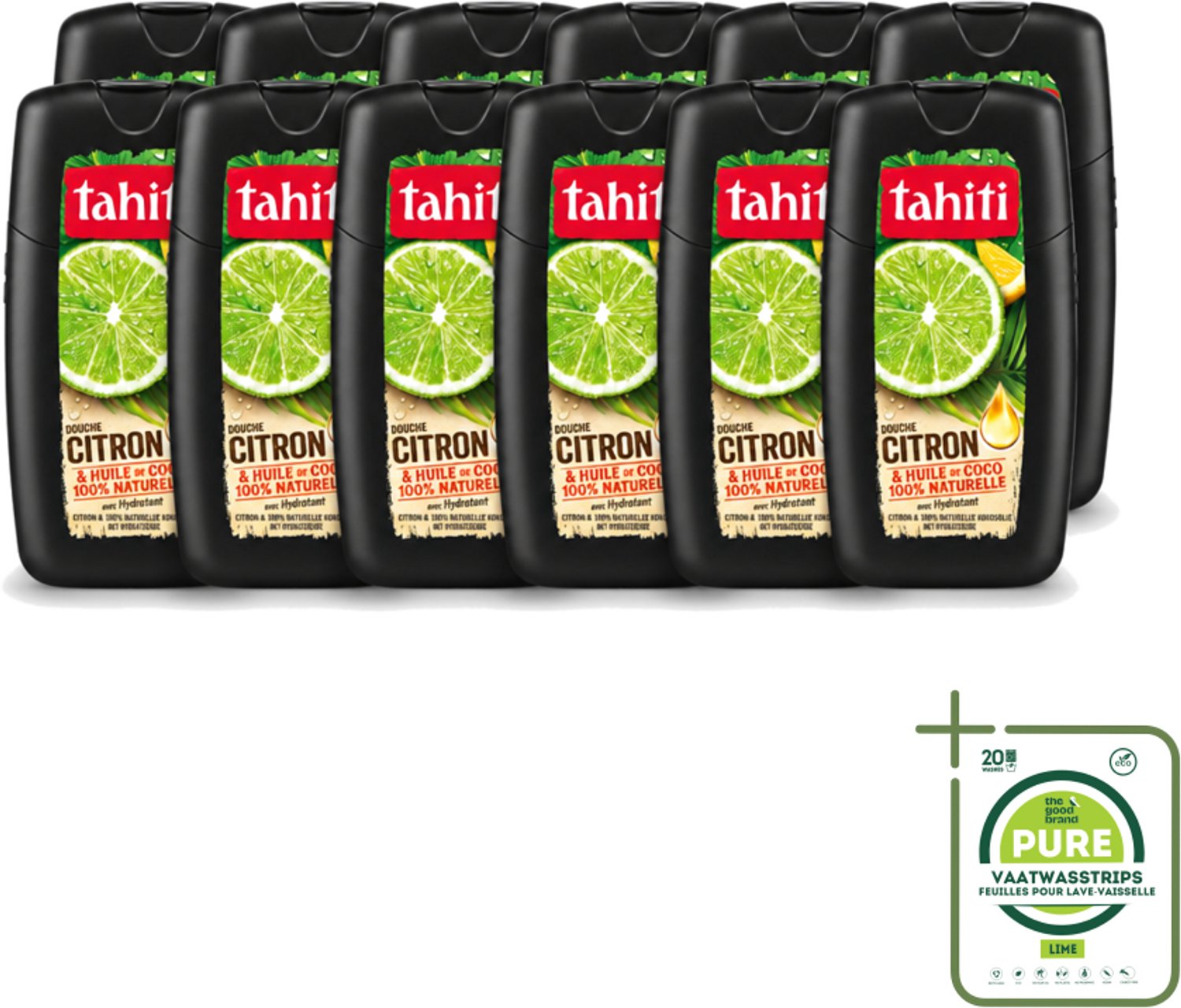 12 x Tahiti - Douchegel - Citroen & Kokosolie - Hydraterend - 250 ml - Grootverpakking - Vaatwasstrips - Douchegel Citroen Kokosolie - Hydraterende Douchegel - Citroengeur Douchegel - Kokosolie Douchegel - Natuurlijke Douchegel
