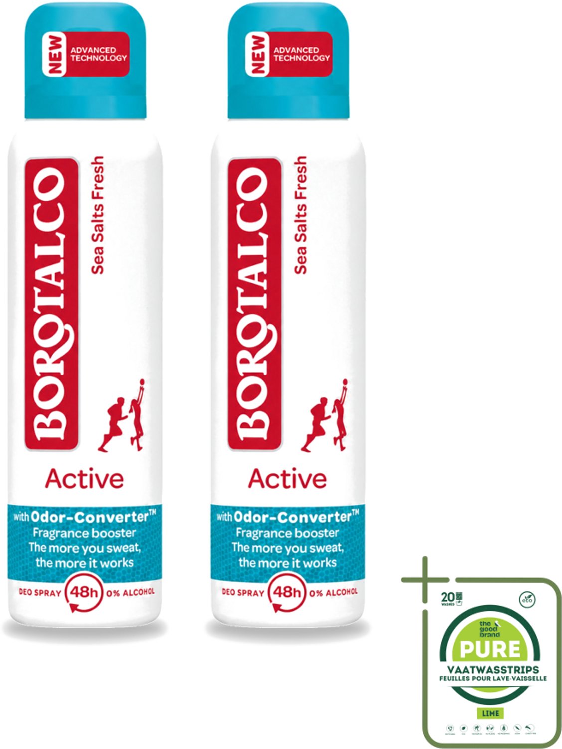 2 x Borotalco - Deodorant Spray - Active - Sea Salts Fresh - 0% Alcohol - 150 ml - Grootverpakking - Vaatwasstrips - Zweetgeur Bestrijding - Zeezout Geur - Deodorant Spray - Frisse Geur - Gevoelige Huid