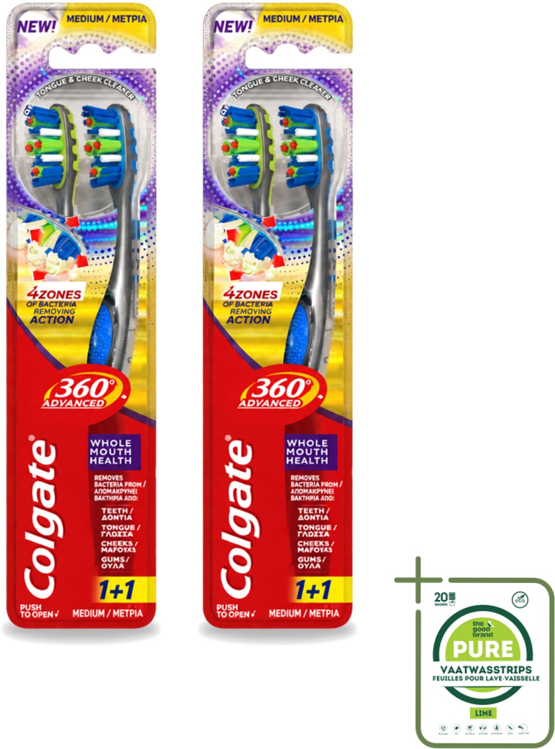 2 x Colgate - 360° Geavanceerd - Tandenborstel - Medium - 2 Tandenborstels - Grootverpakking - Tandenborstel - Mondhygiëne - Tandenborstel 360° - Bacteriën Verwijderen - Tanden Reinigen