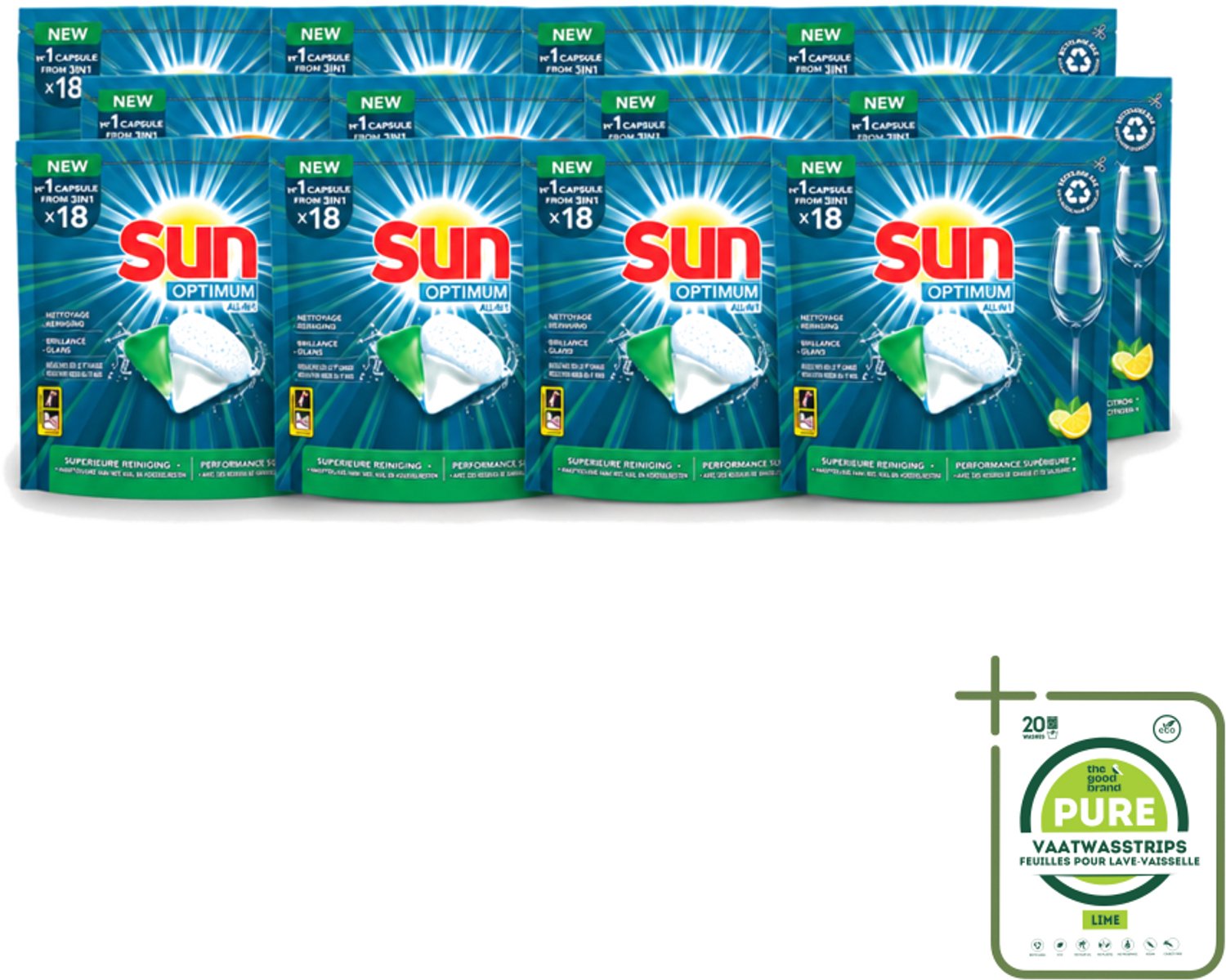 12 x Sun Optimum - All-in-1 - Vaatwasmiddel - Capsules - Citroen - 18 Capsules - Grootverpakking - Vaatwasstrips - Vaatwasmiddel - Vaatwascapsules - Citroen - Reiniging - Spoelglans