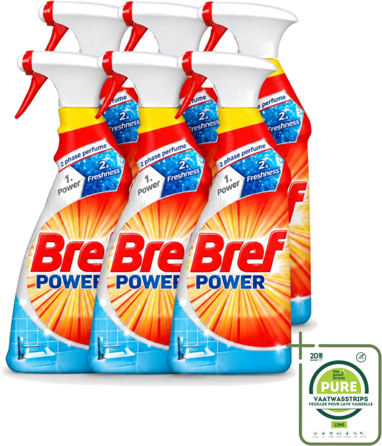6 x Bref Power - Badkamerreiniger - Spray - Anti-Kalk & Vuil - Fris - 750 ml - Grootverpakking - Vaatwasstrips - Kalk Verwijderen - Vuil Verwijderen - Badkamer Schoonmaken - Douchecabine Schoonmaken - Gootsteen Schoonmaken