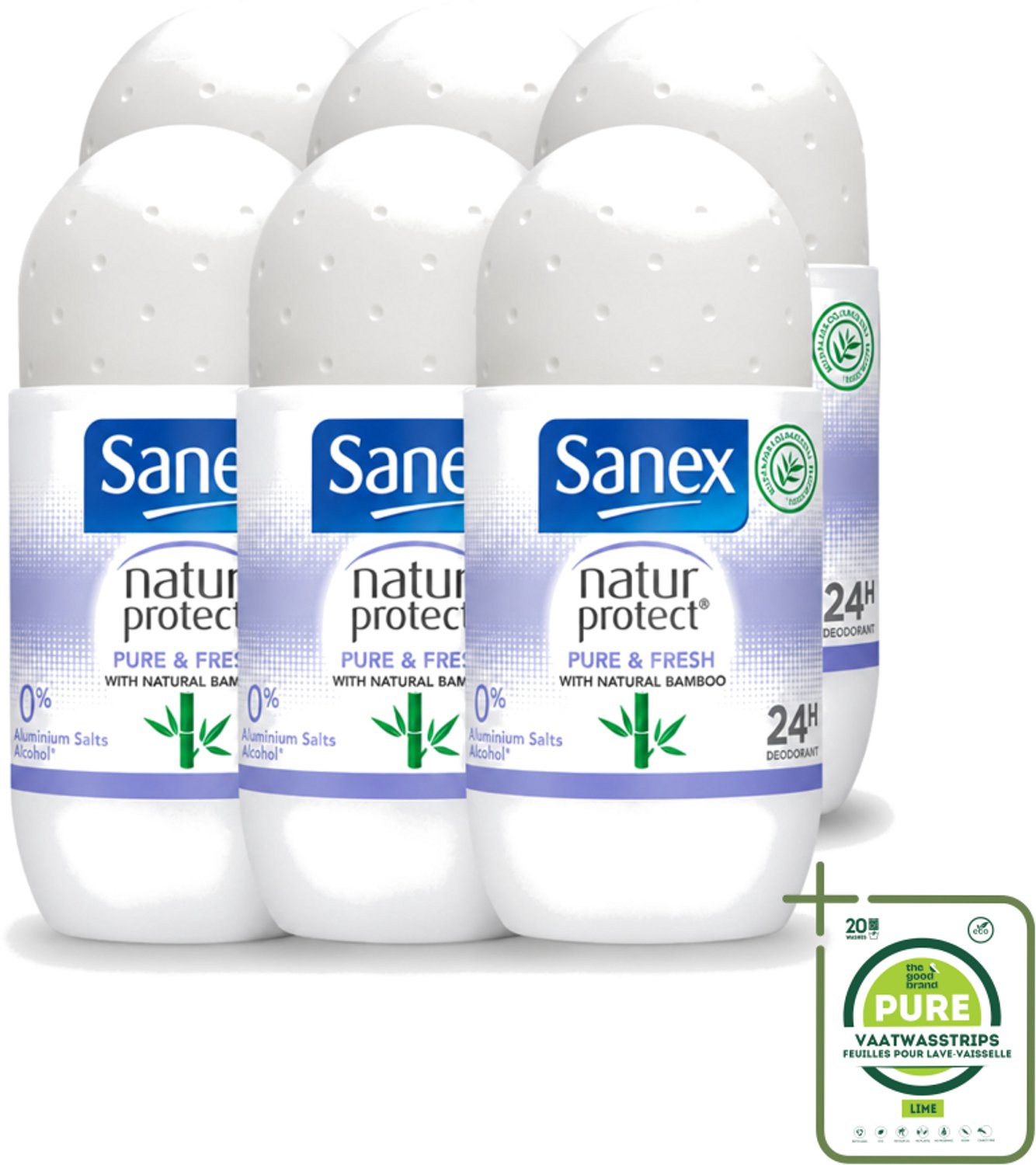 6 x Sanex Natur Protect - Deodorant Roller - Puur & Fris - Met Nattuurlijke Bamboo - 50 ml - Grootverpakking - Vaatwasstrips - Natuurlijke Deodorant - Bamboe Deodorant - Fris Gevoel - Vochtabsorberend - Aluminiumvrij